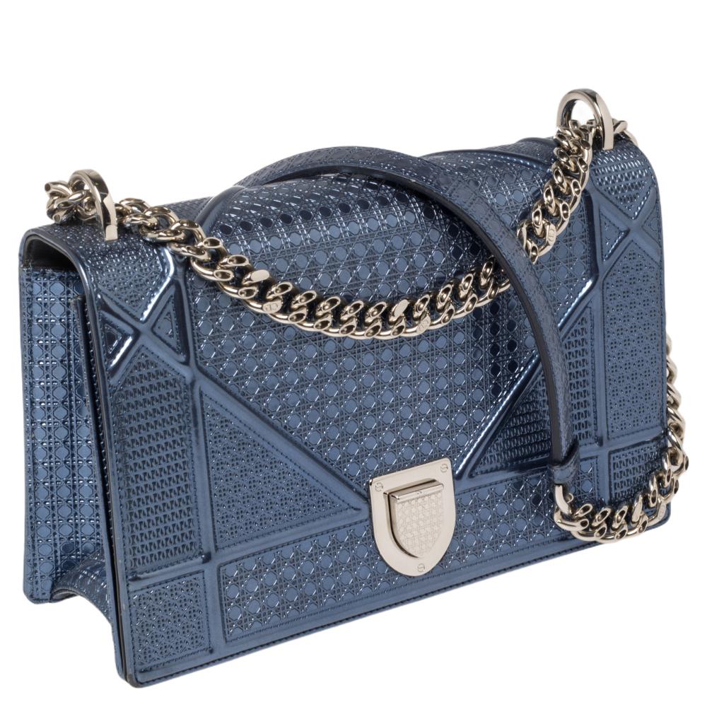 Gray Dior Metallic Blue Micro Cannage Leather Medium Diorama Shoulder Bag