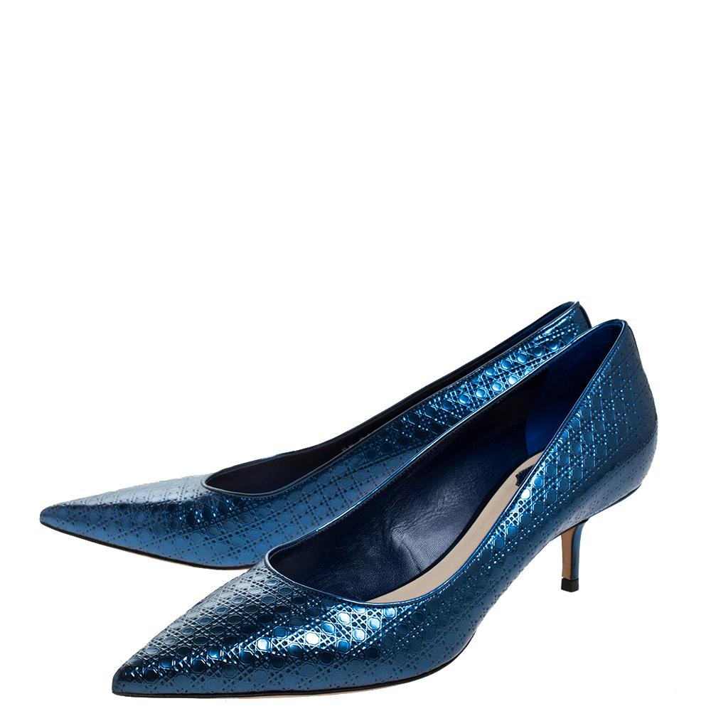 Dior Metallic Blue Micro Cannage patent Leather Cherie Pointed Toe Pumps Size 40 2