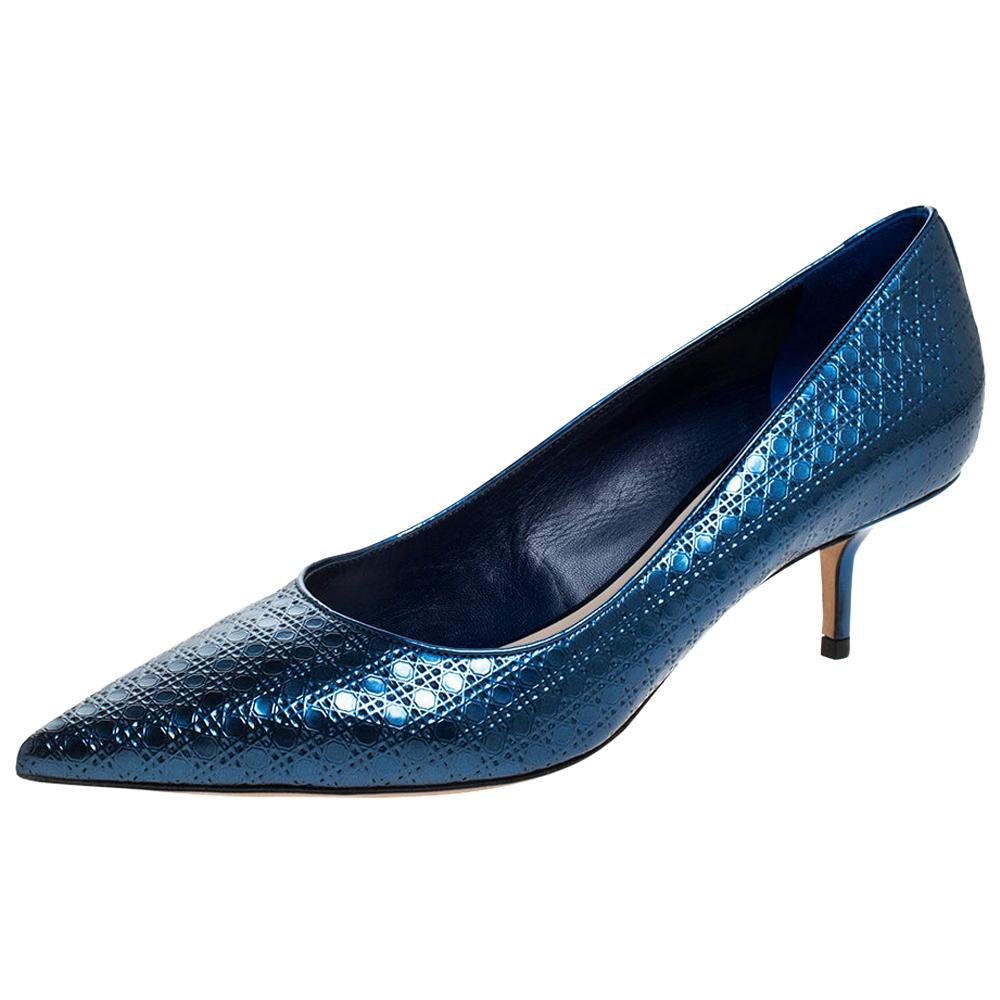Dior Metallic Blue Micro Cannage patent Leather Cherie Pointed Toe Pumps Size 40