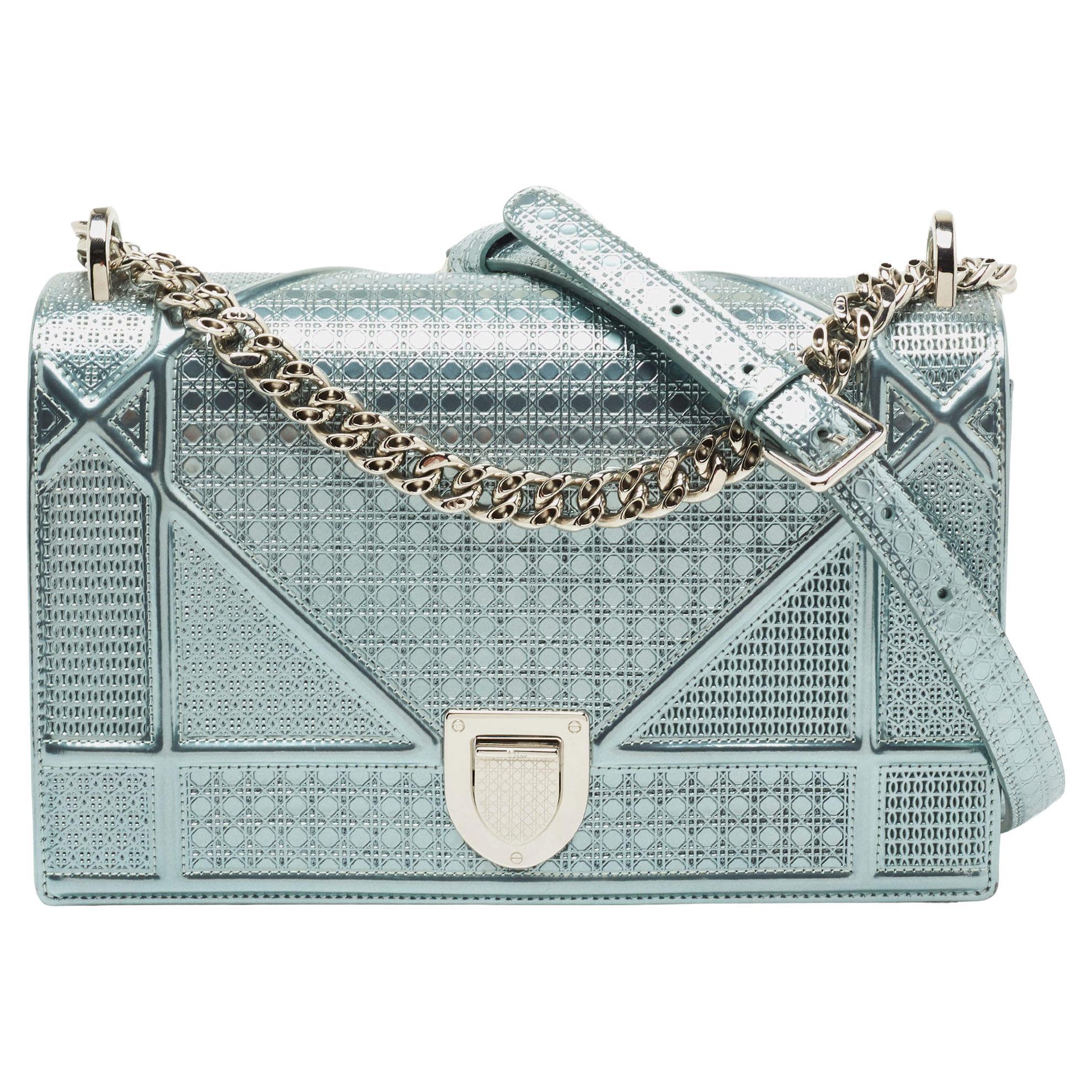 Dior Metallic Blue Micro Cannage Patent Leather Medium Diorama Shoulder Bag