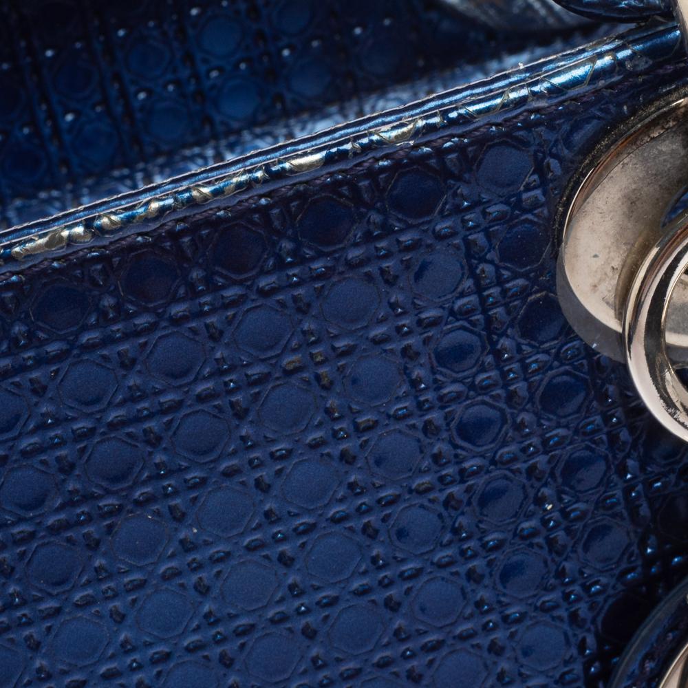 Dior Metallic Blue Microcannage Patent Leather Medium Lady Dior Tote 3