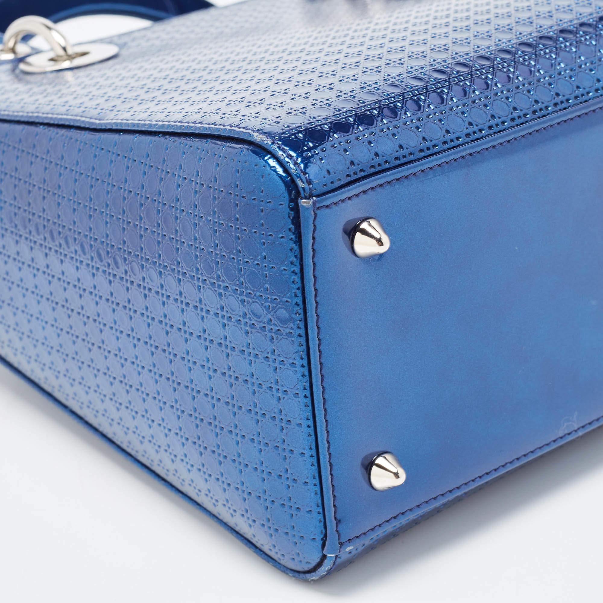 Dior Metallic Blue Microcannage Patent Leather Medium Lady Dior Tote 7