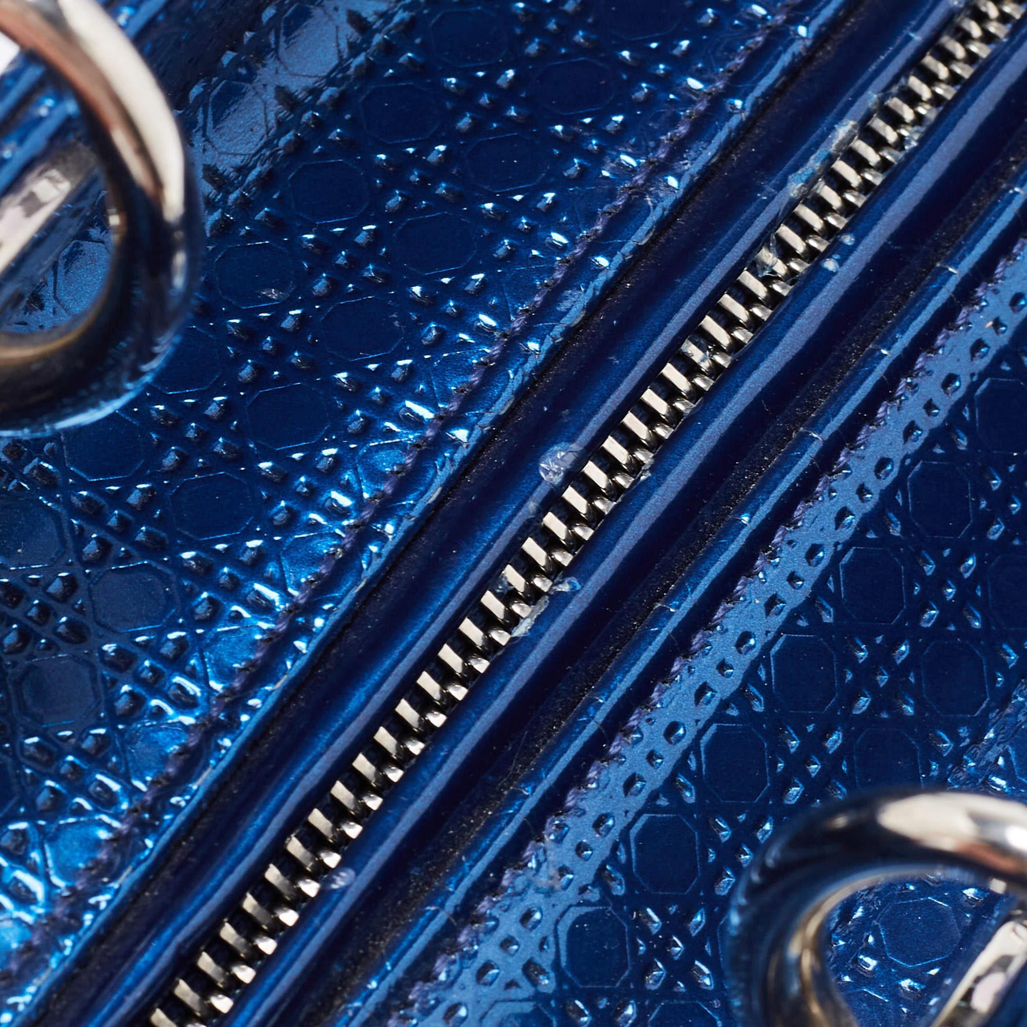 Dior Metallic Blue Microcannage Patent Leather Medium Lady Dior Tote 8