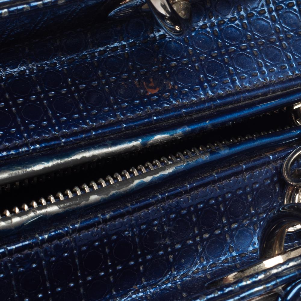 Dior Metallic Blue Microcannage Patent Leather Medium Lady Dior Tote 6