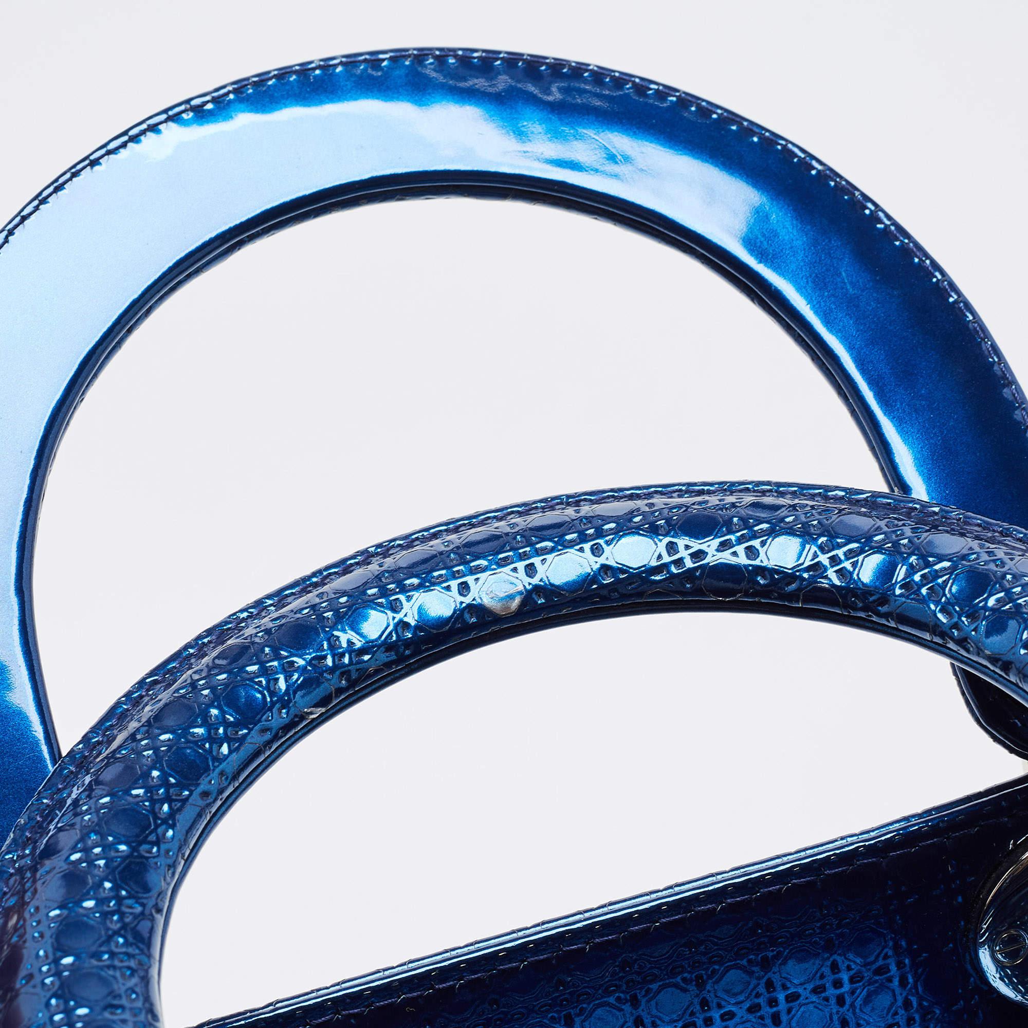 Dior Metallic Blue Microcannage Patent Leather Medium Lady Dior Tote 10