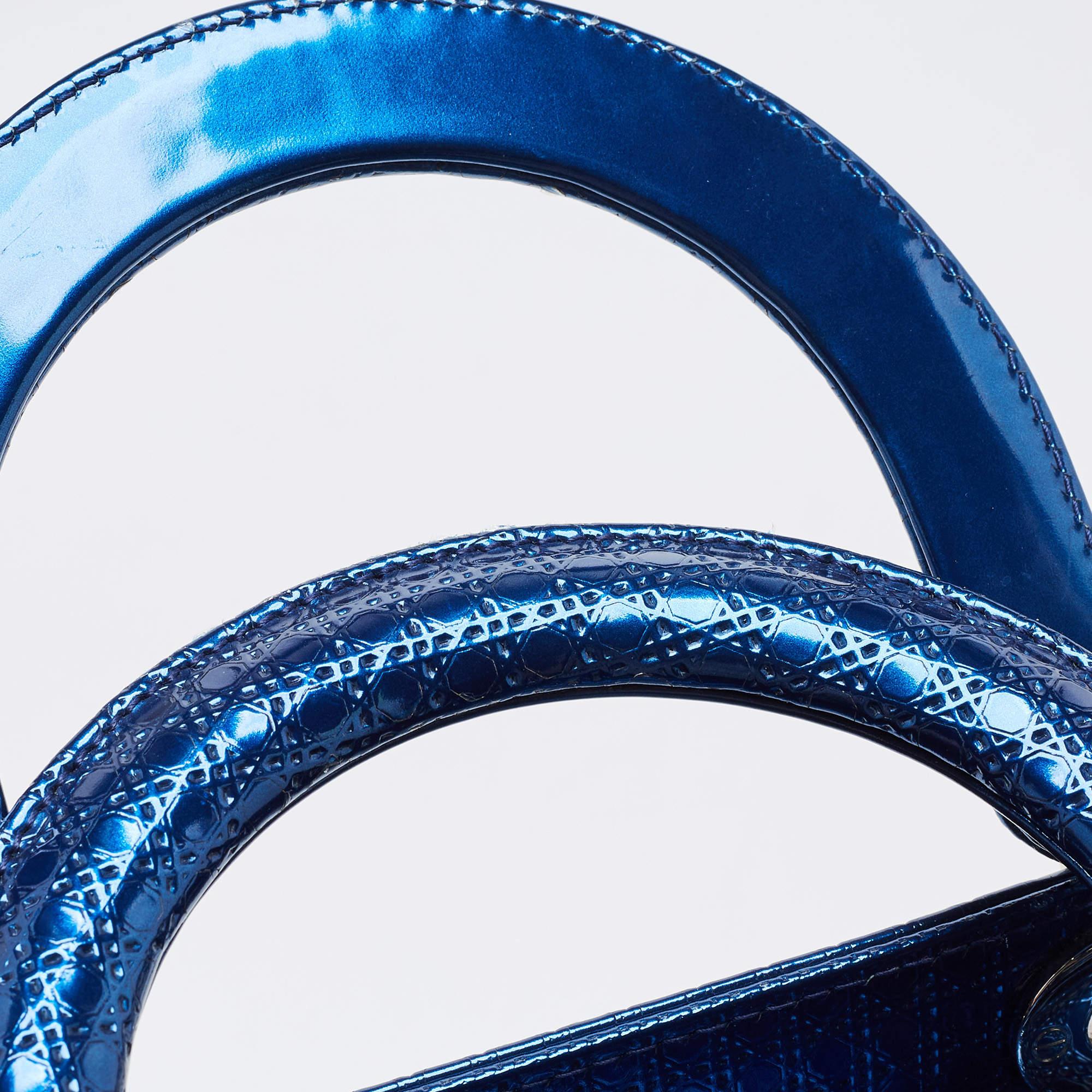 Dior Metallic Blue Microcannage Patent Leather Medium Lady Dior Tote 12