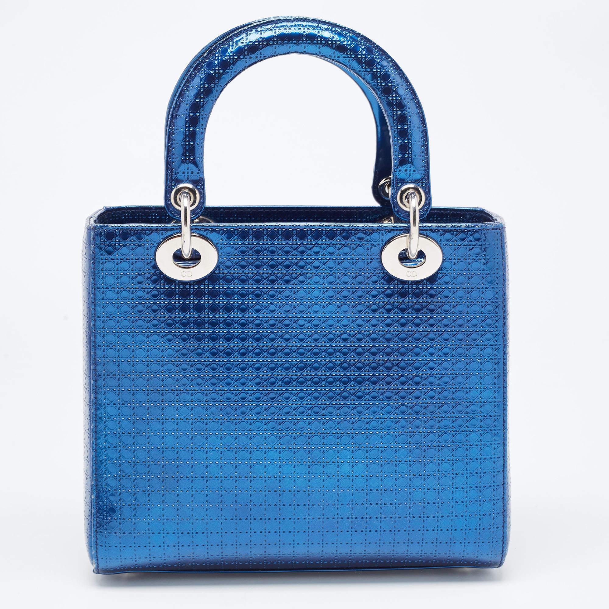 Dior Metallic Blue Microcannage Patent Leather Medium Lady Dior Tote 13