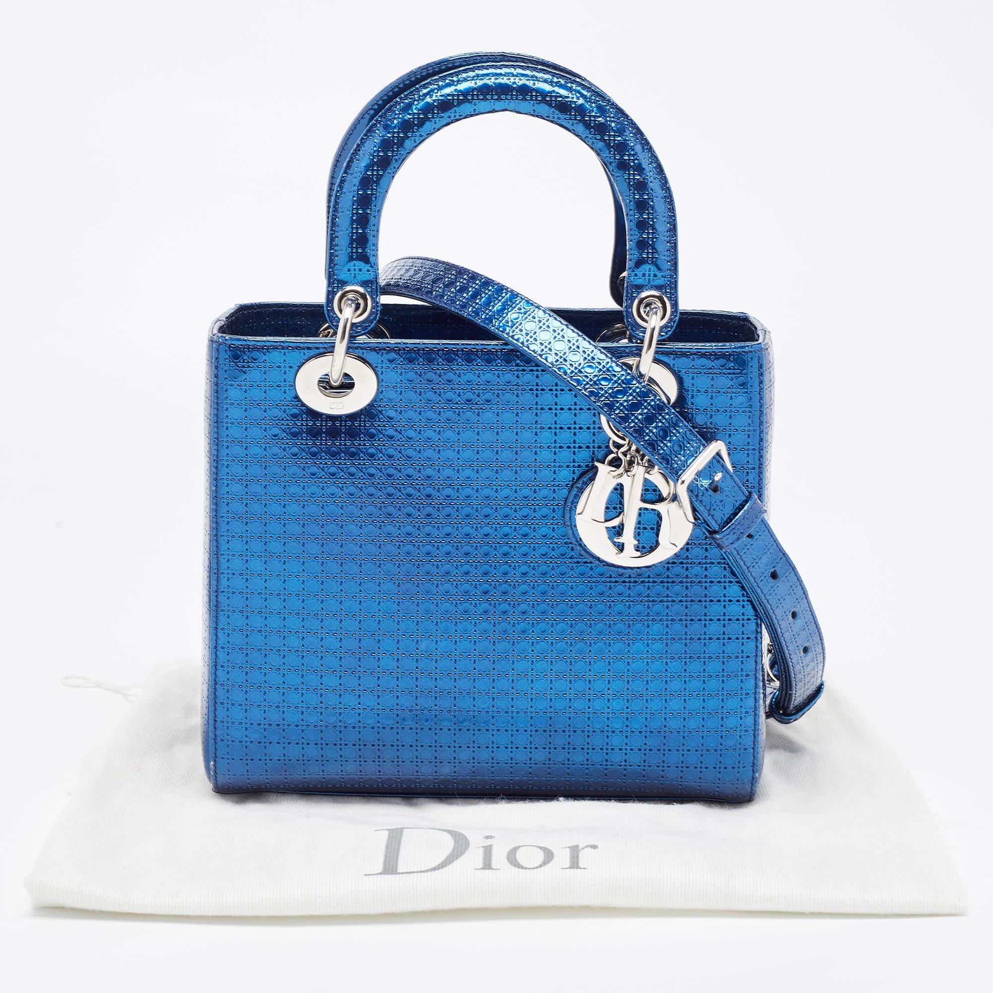 Dior Metallic Blue Microcannage Patent Leather Medium Lady Dior Tote 15