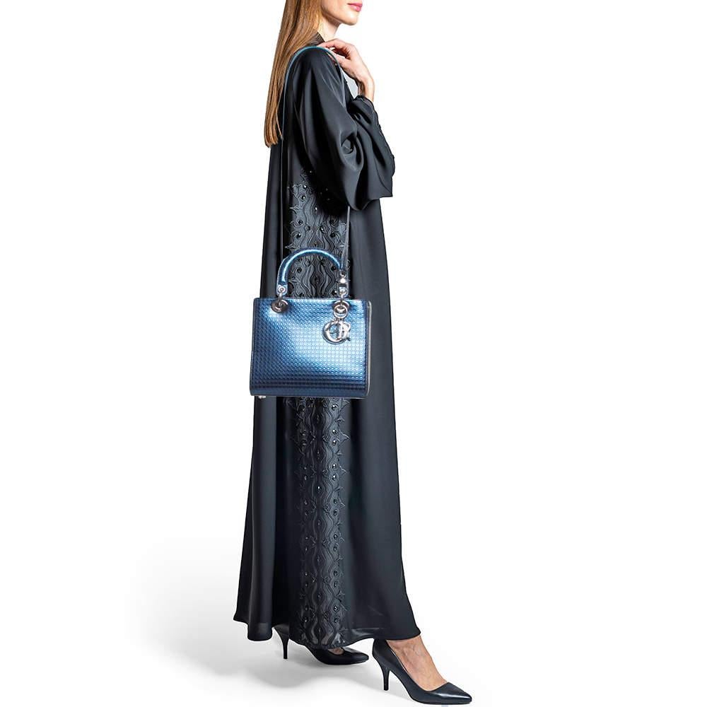Dior Metallic Blue Microcannage Patent Leather Medium Lady Dior Tote In Good Condition In Dubai, Al Qouz 2