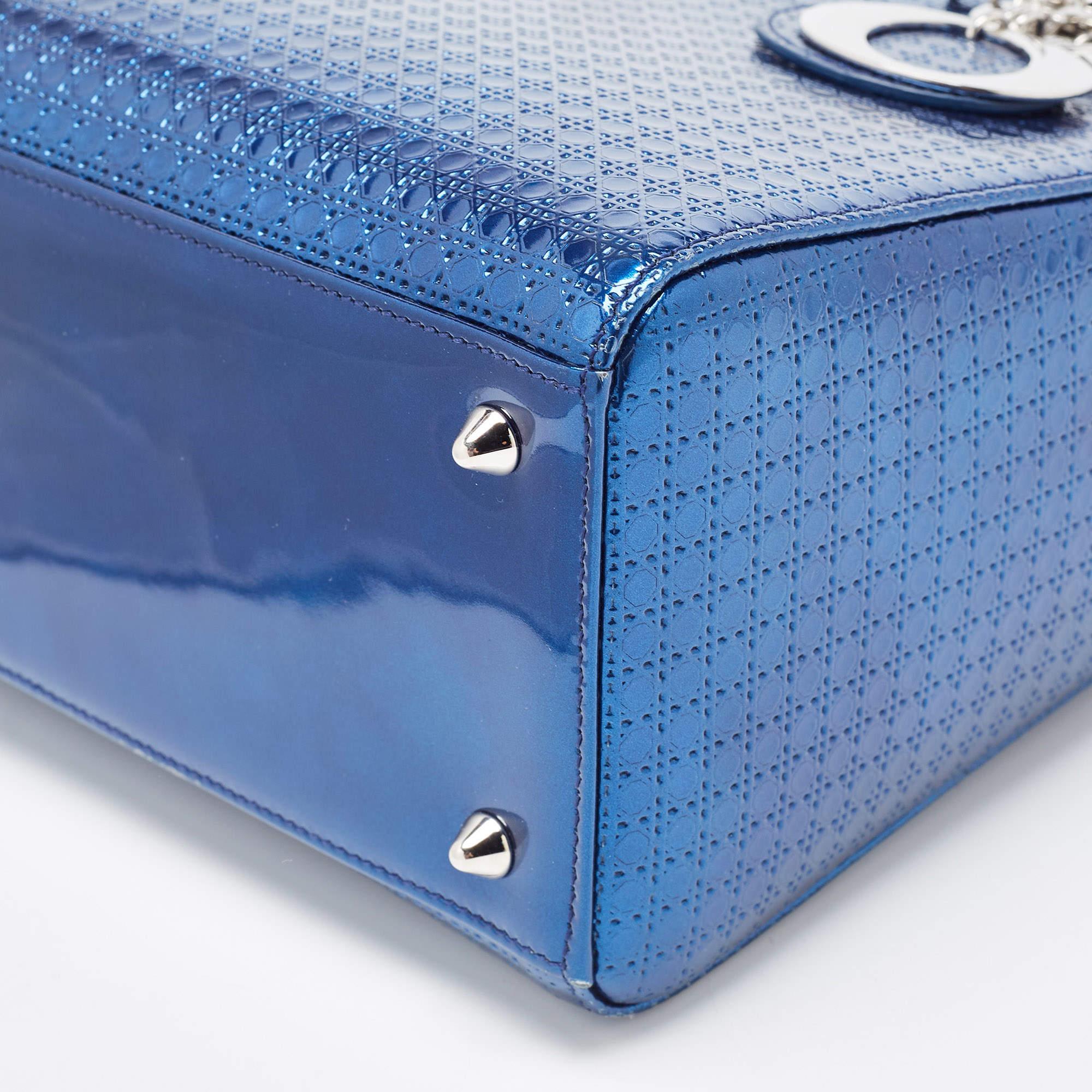 Women's Dior Metallic Blue Microcannage Patent Leather Medium Lady Dior Tote
