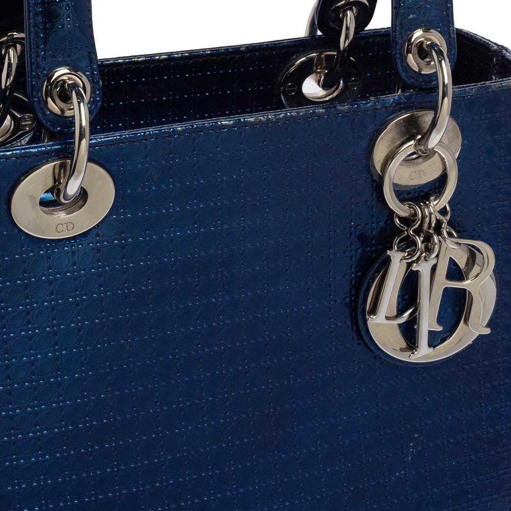 Women's Dior Metallic Blue Microcannage Patent Leather Medium Lady Dior Tote