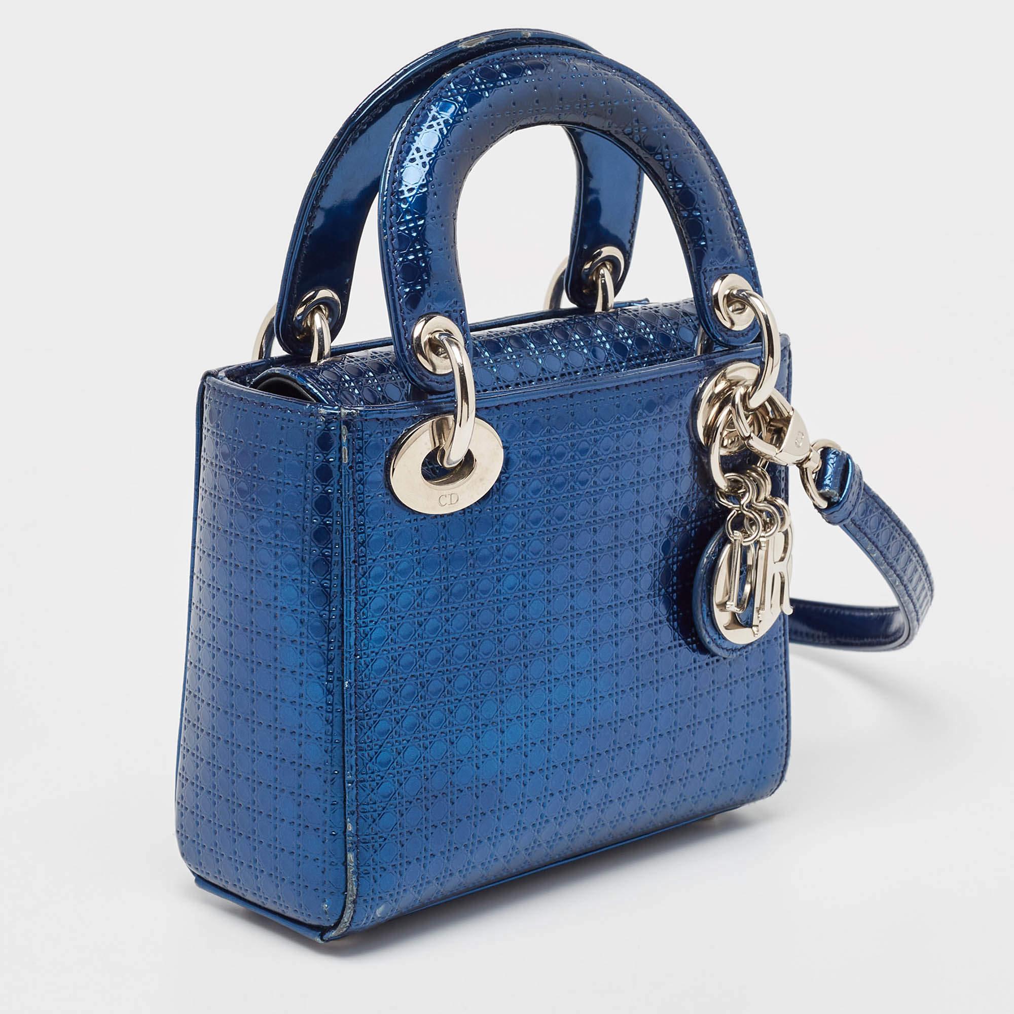 Dior Metallic Blue Microcannage Patent Leather Mini Lady Dior Tote In Good Condition In Dubai, Al Qouz 2