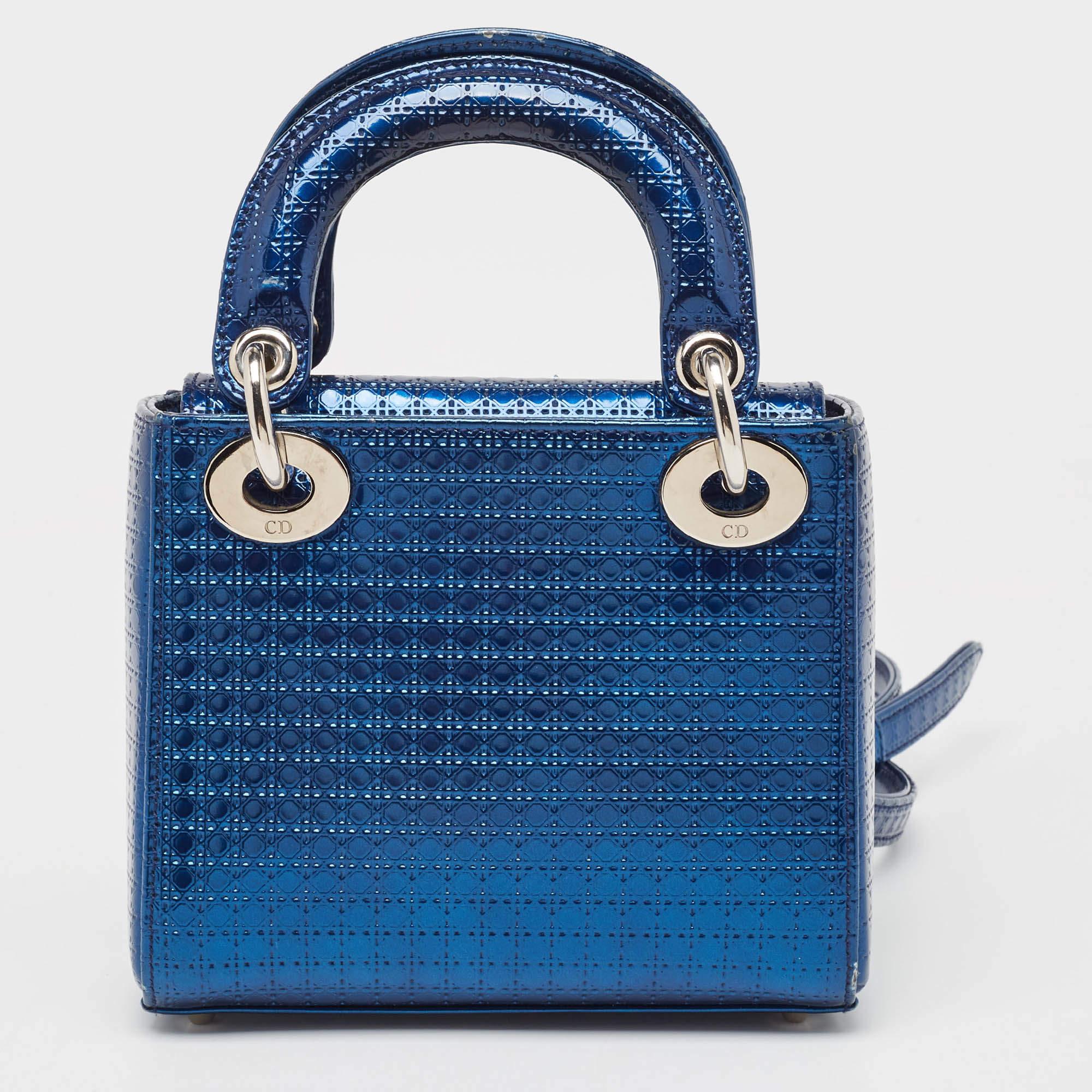 Women's Dior Metallic Blue Microcannage Patent Leather Mini Lady Dior Tote