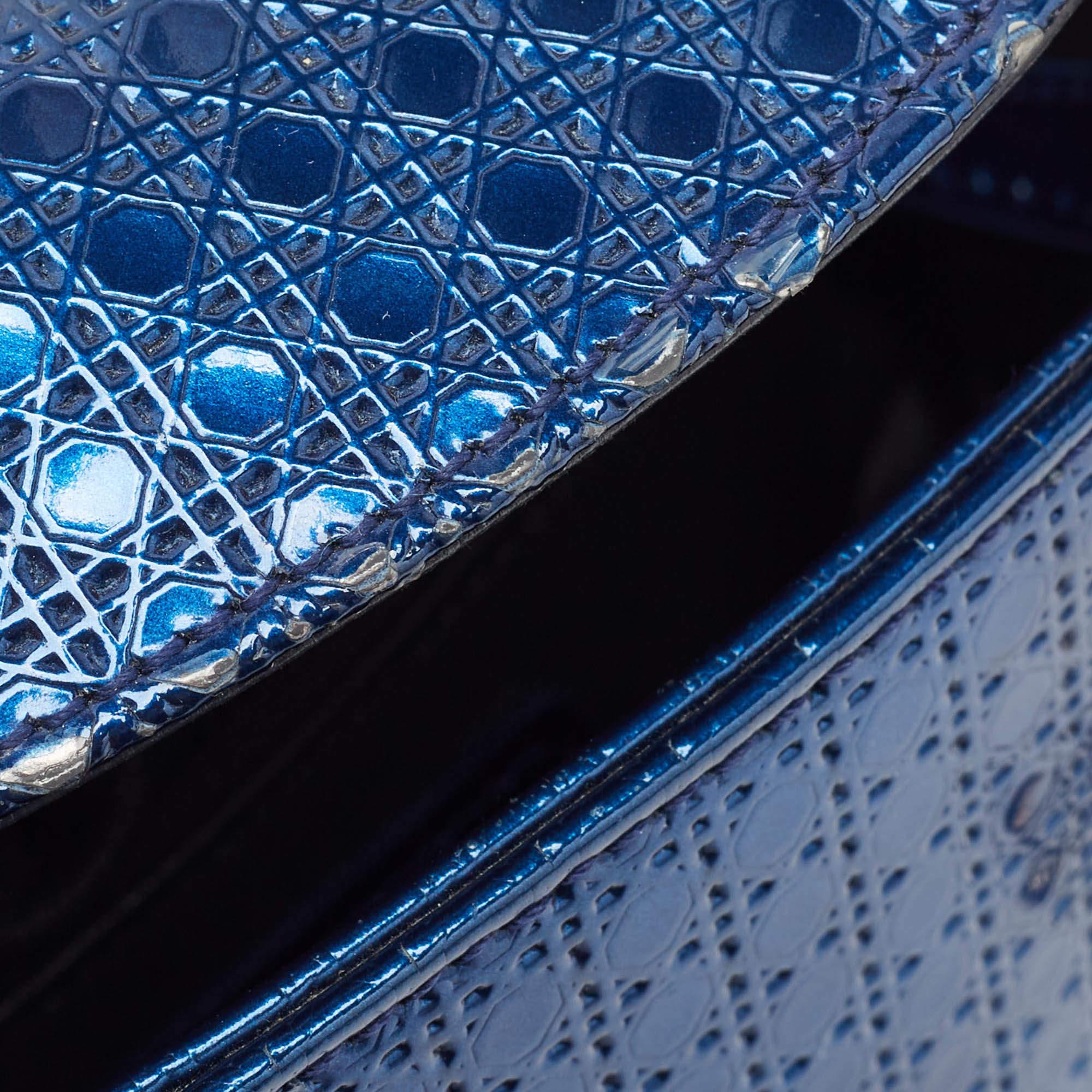 Dior Metallic Blue Microcannage Patent Leather Mini Lady Dior Tote 2