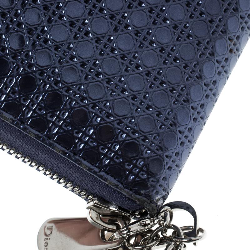 Dior Metallic Blue Patent Leather Lady Dior Zip Around Wallet Damen