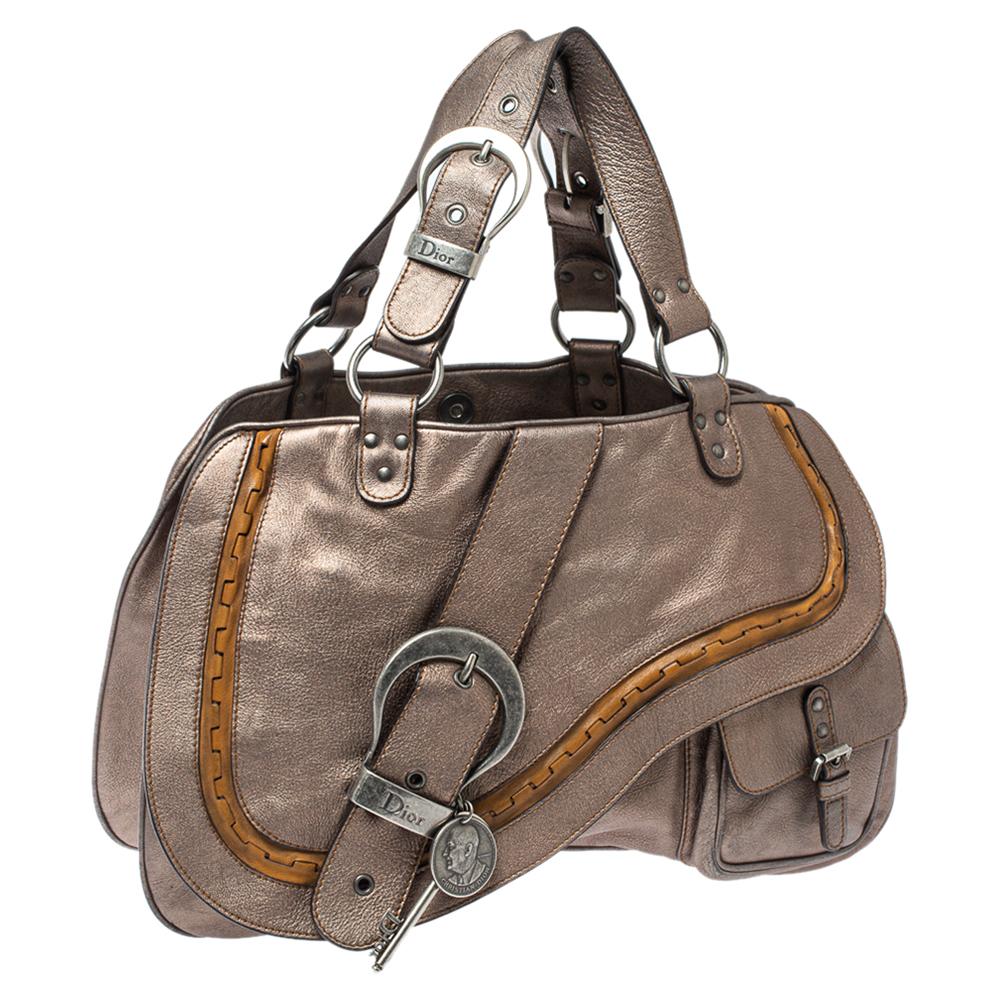Dior Metallic Brown Gaucho Leather Large Double Saddle Shoulder Bag In Good Condition In Dubai, Al Qouz 2