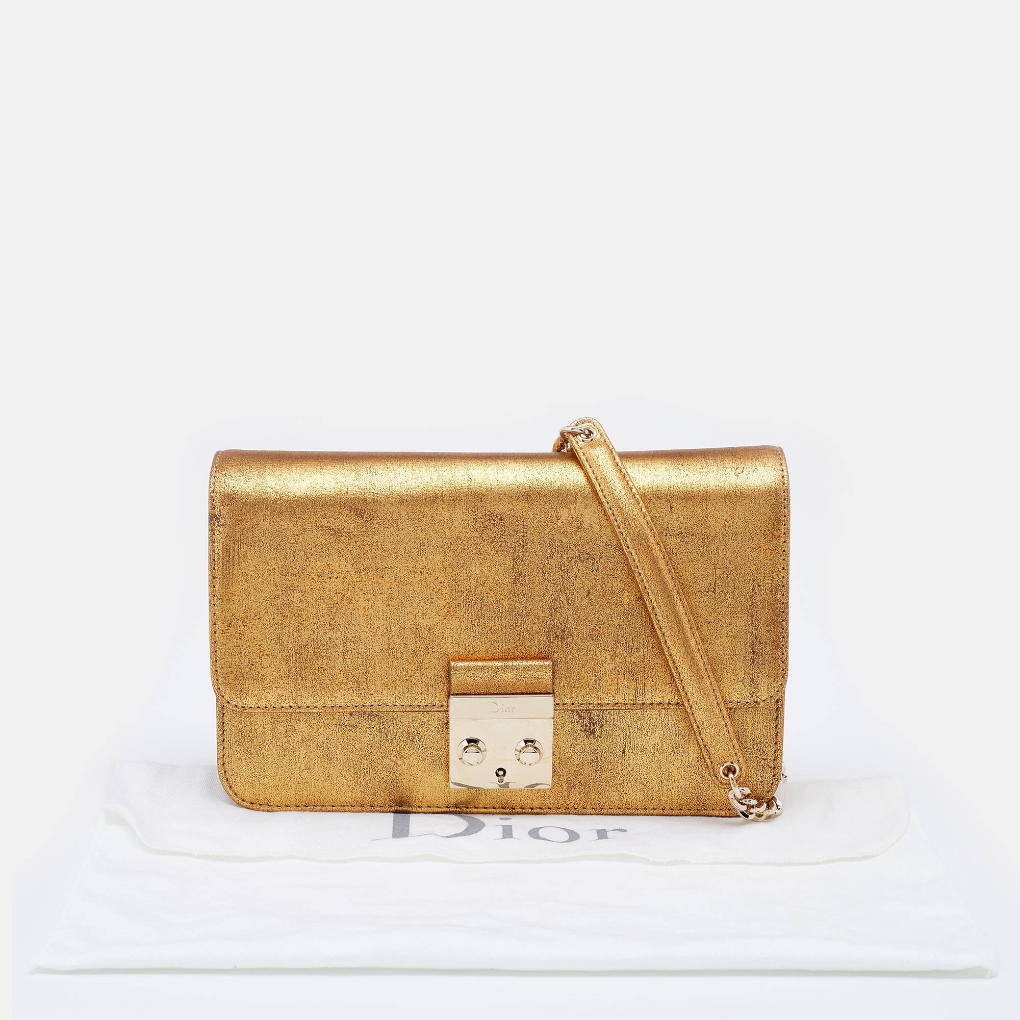 Dior Metallic Gold Crinkled Leather Miss Flap Shoulder Bag 8