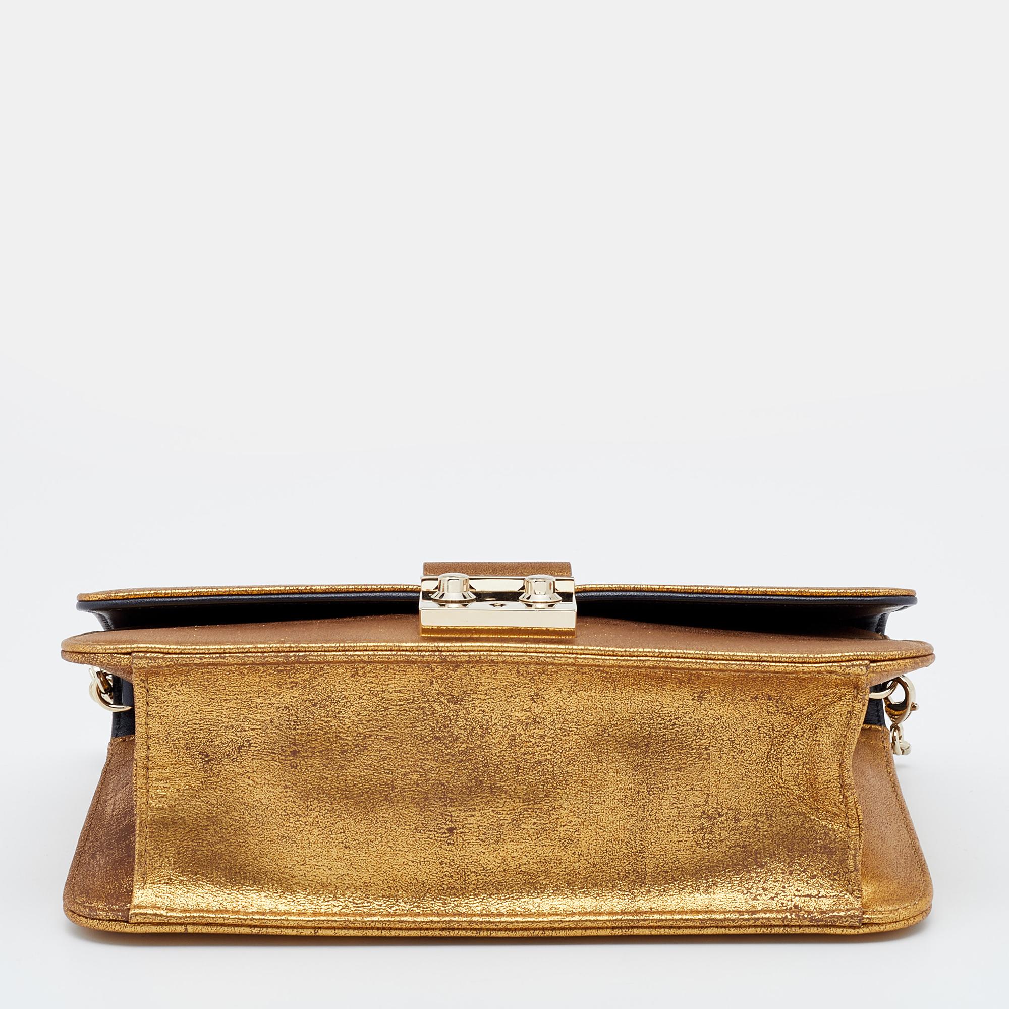 Women's Dior Metallic Gold Crinkled Leather Miss Flap Shoulder Bag