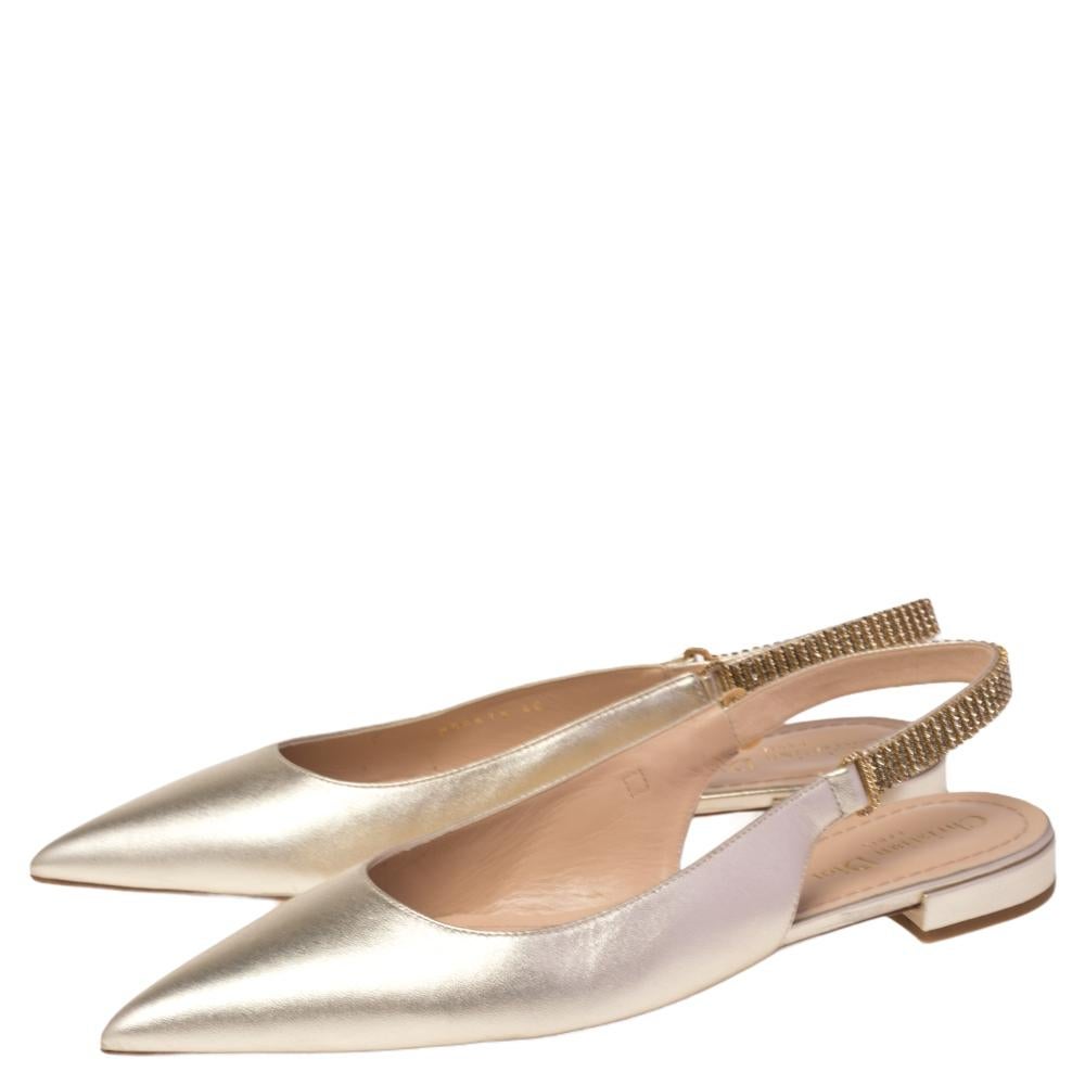 Women's Dior Metallic Gold Foil Leather Embellished Slingback Ballerina Flats Size 40
