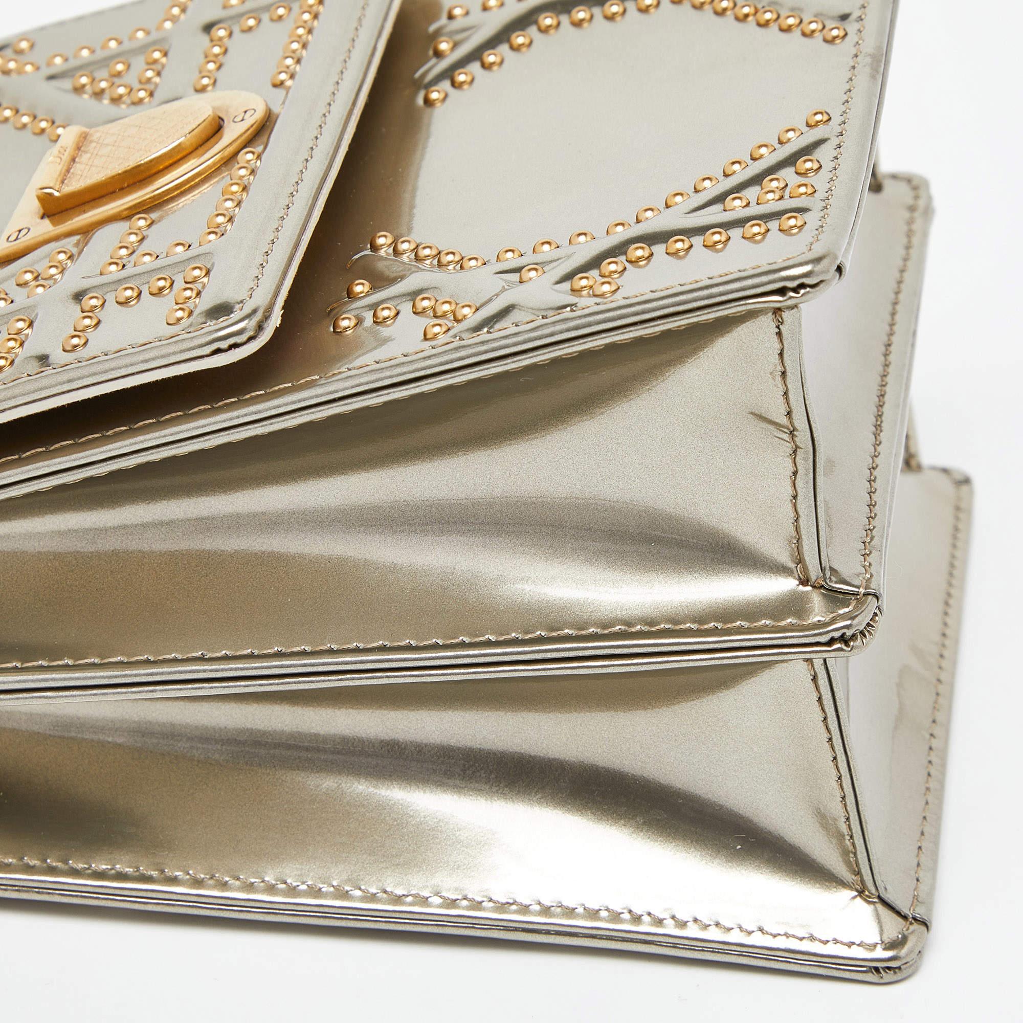 Dior Metallic Gold Glossy Leather Studded Diorama Vertical Clutch 7