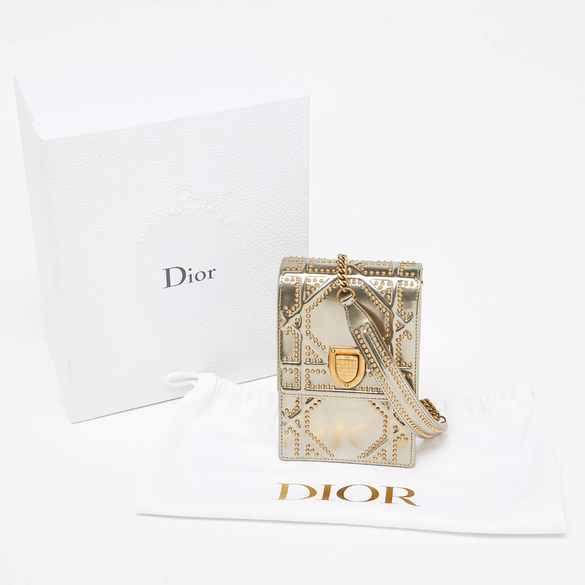 Dior Metallic Gold Glossy Leather Studded Diorama Vertical Clutch 8