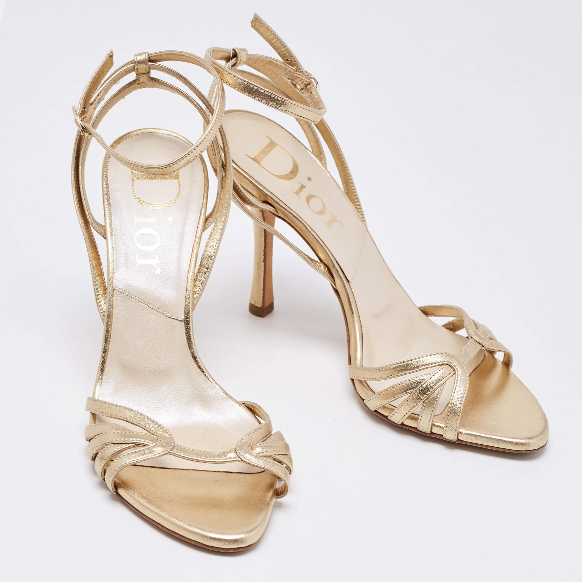 Dior Metallic Gold Leather Ankle Strap Sandals Size 37 In Good Condition In Dubai, Al Qouz 2