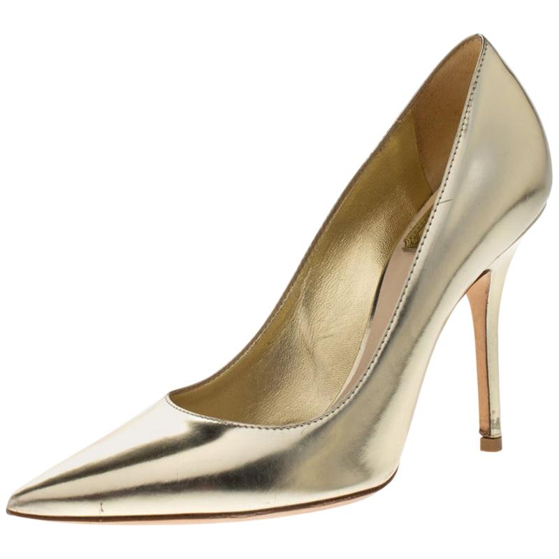 Dior Metallic Gold Leather Cherie Pointed Toe Pumps Size 36