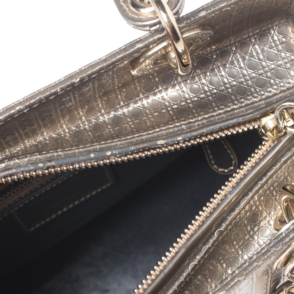 Brown Dior Metallic Gold Micro Cannage Leather Medium Lady Dior Tote
