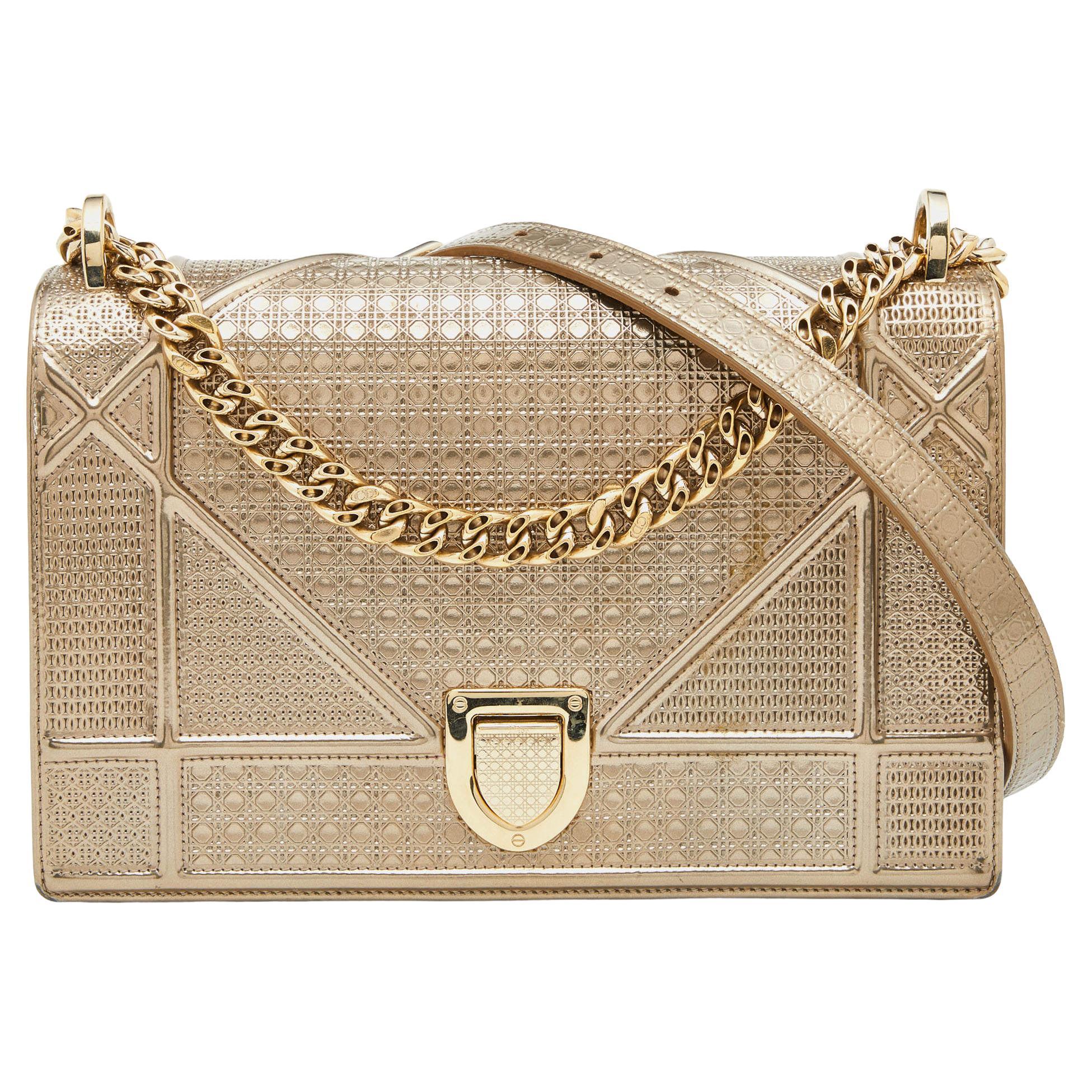 Dior Metallic Gold Micro Cannage Patent Leather Medium Diorama Handbag ...