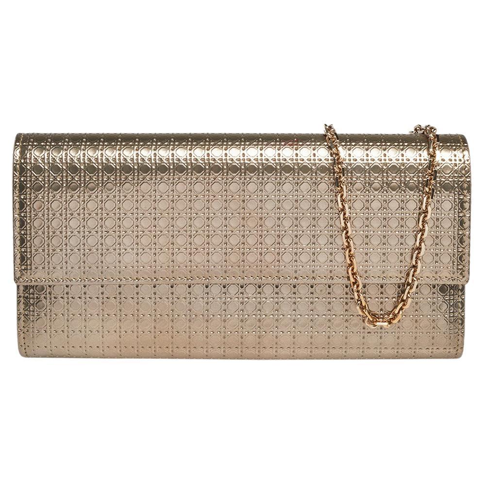 Dior Metallic Gold Microcannage Patent Leather Croisiere Wallet On Chain