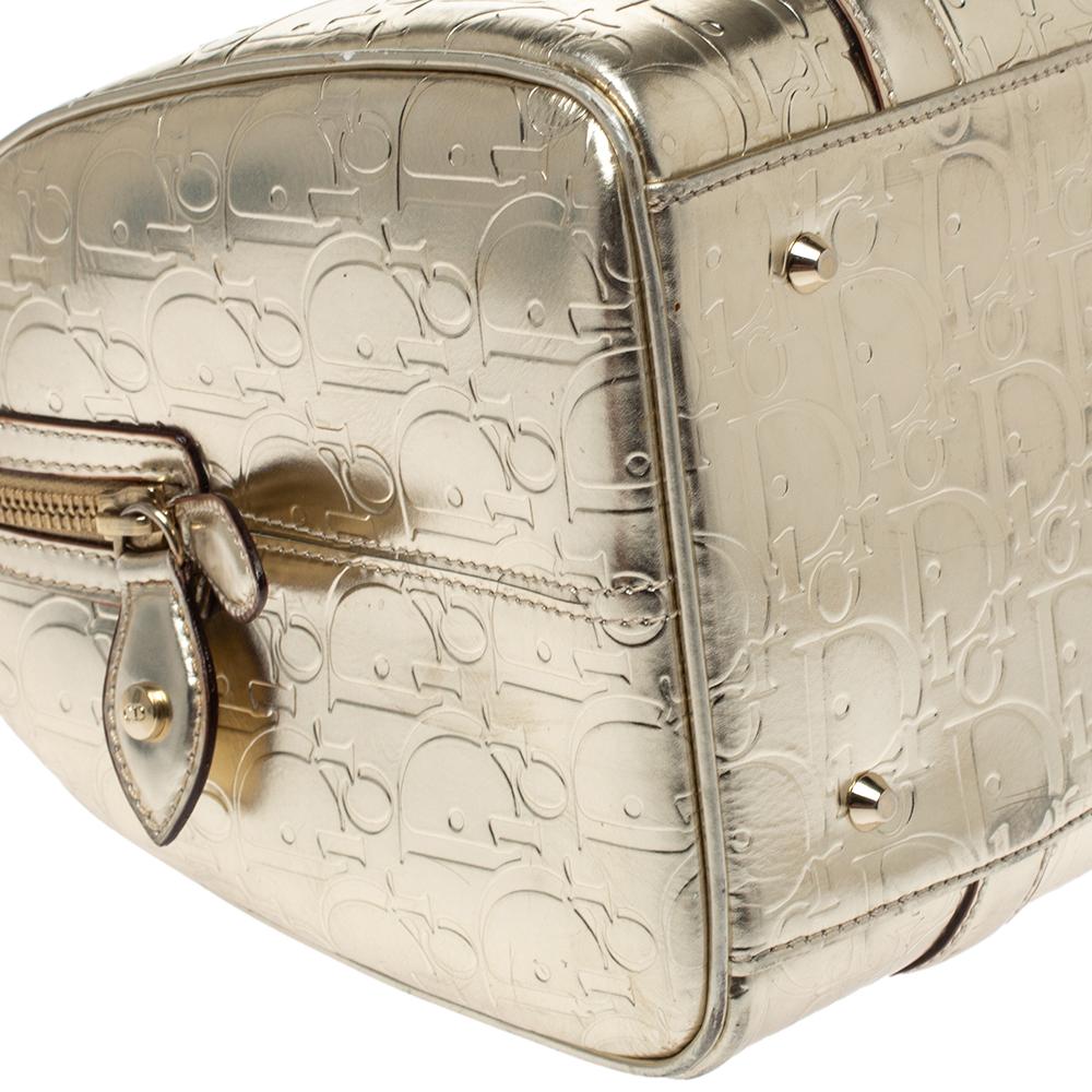 Dior Metallic Gold Oblique Monogram Leather Boston Bag In Good Condition In Dubai, Al Qouz 2
