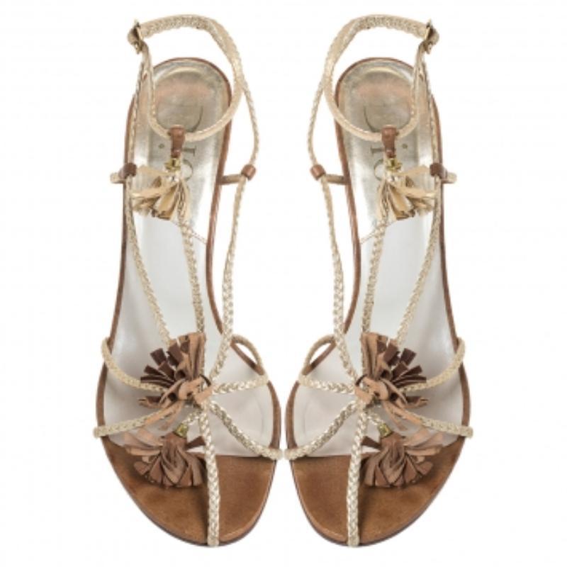 Donna Dior - Sandali in pelle intrecciata oro metallizzato con cinturino alla caviglia misura 37 in vendita