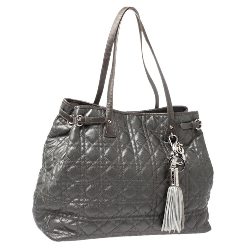 Gray Dior Metallic Grey Cannage Coated Canvas Large Panarea Tote