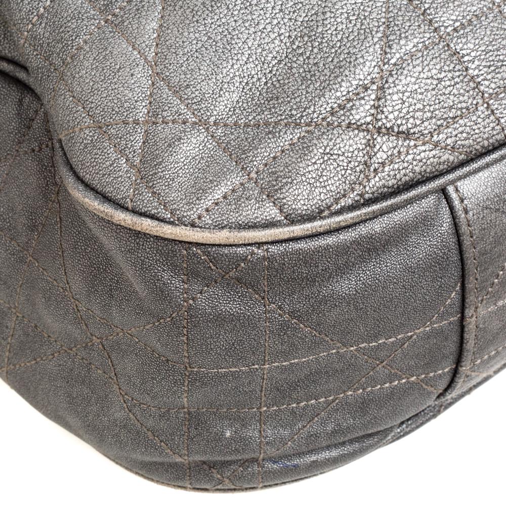Dior Metallic Grey Cannage Leather Drawstring Shoulder Bag 8