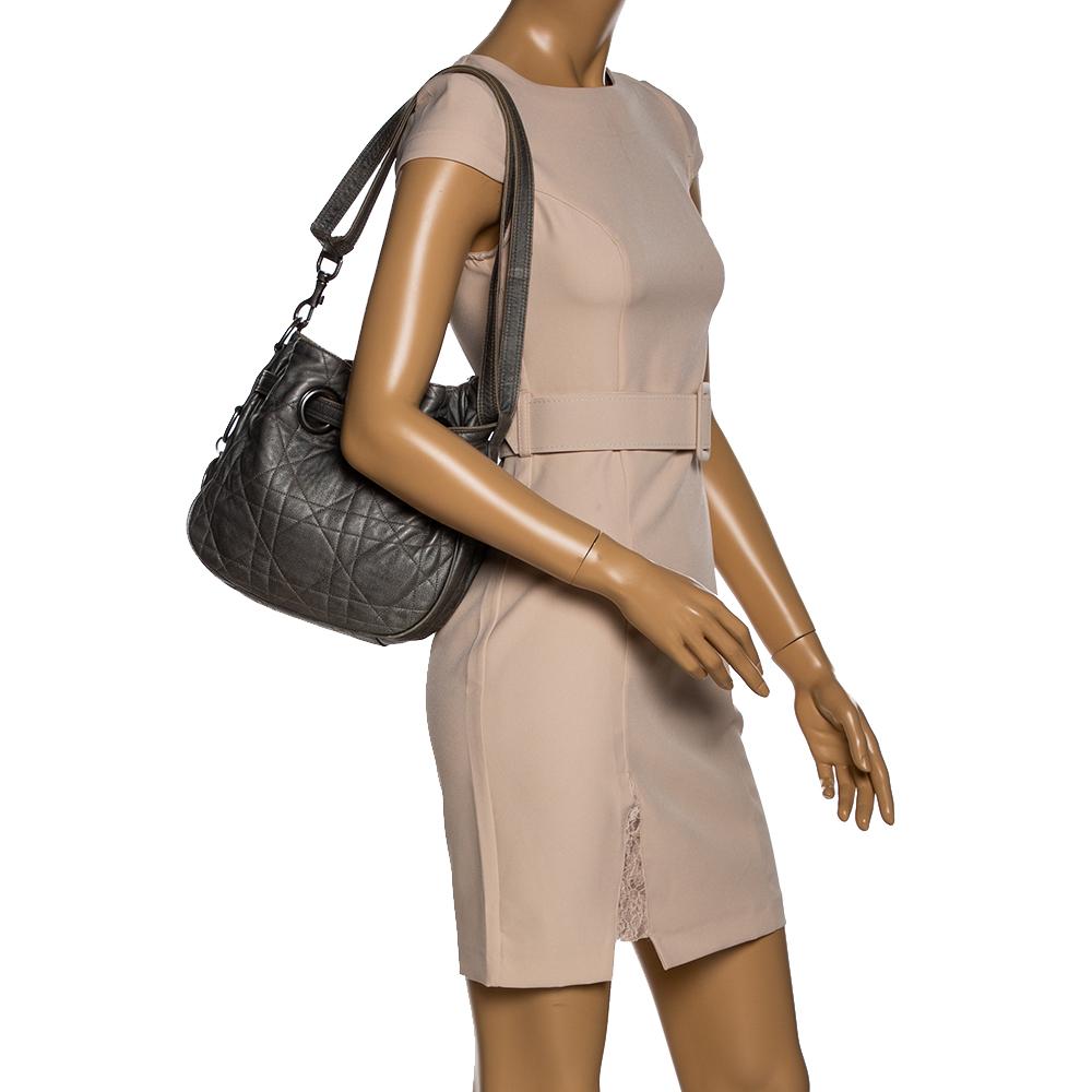 Gray Dior Metallic Grey Cannage Leather Drawstring Shoulder Bag