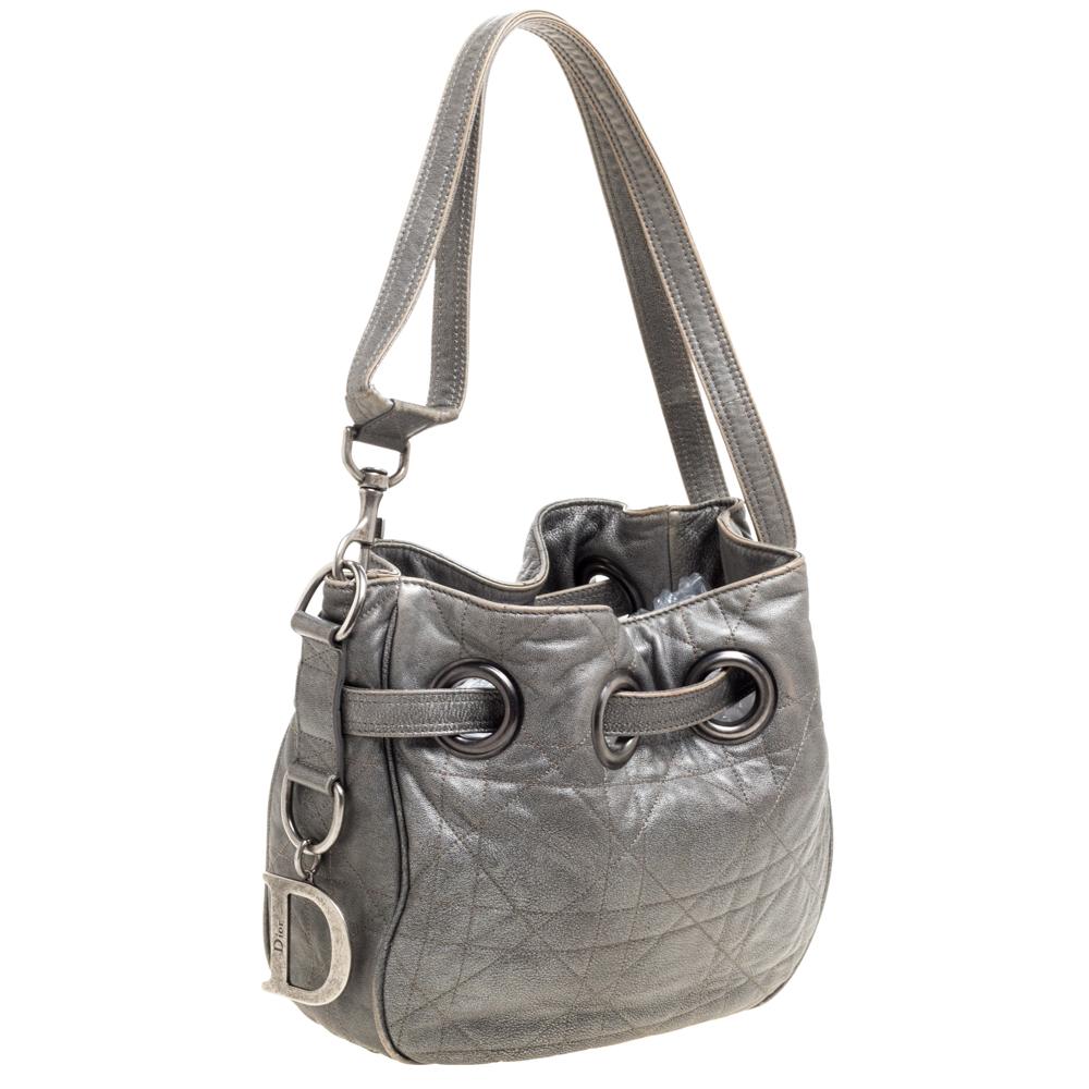 Dior Metallic Grey Cannage Leather Drawstring Shoulder Bag In Fair Condition In Dubai, Al Qouz 2