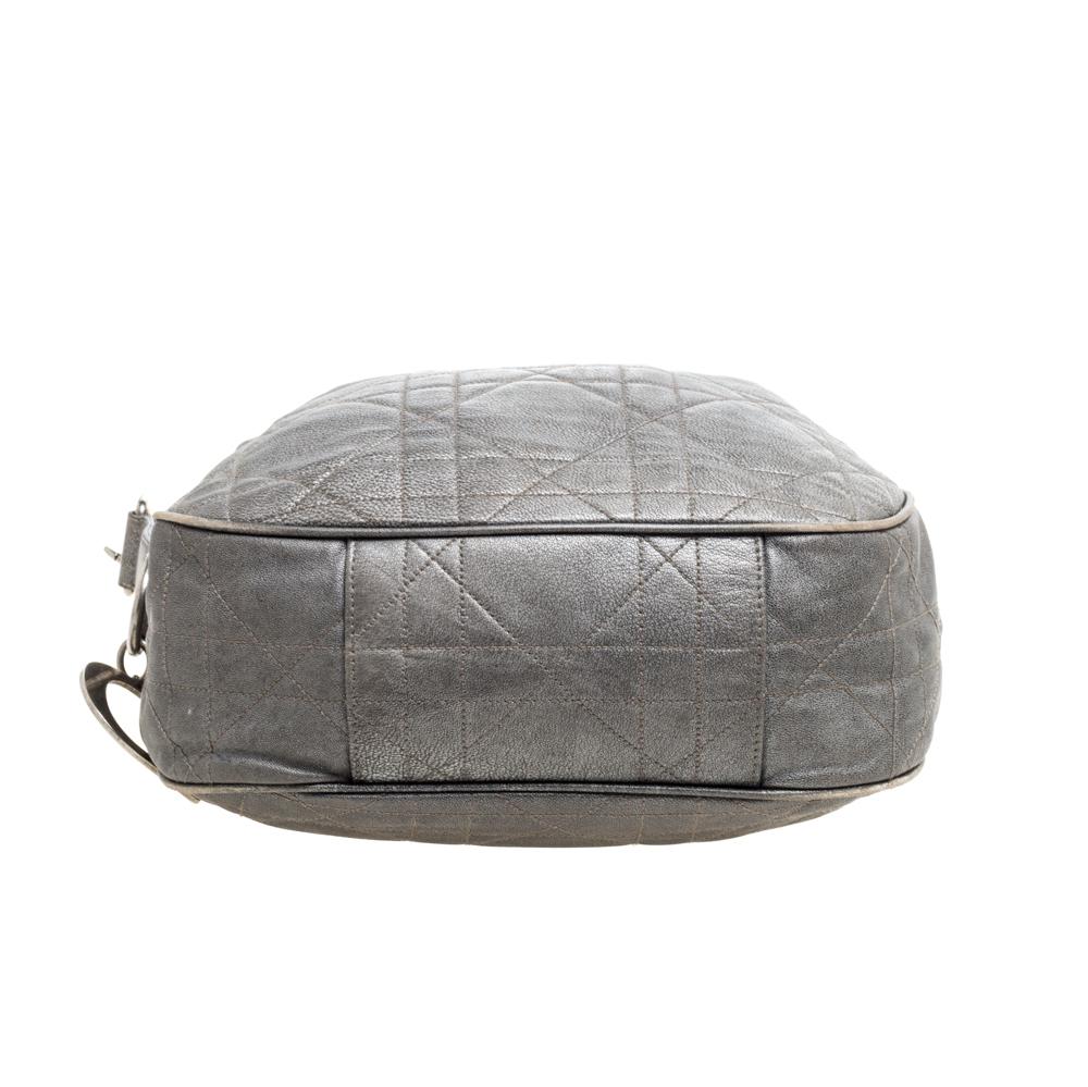 Women's Dior Metallic Grey Cannage Leather Drawstring Shoulder Bag