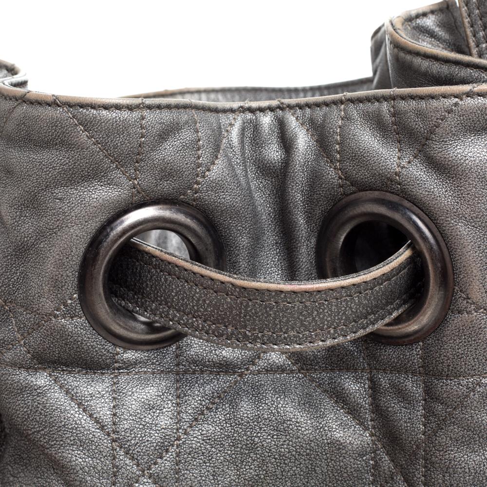 Dior Metallic Grey Cannage Leather Drawstring Shoulder Bag 2
