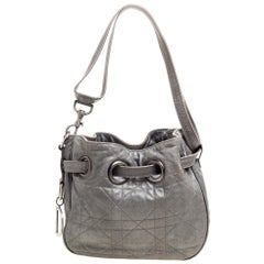 Dior Metallic Grey Cannage Leather Drawstring Shoulder Bag