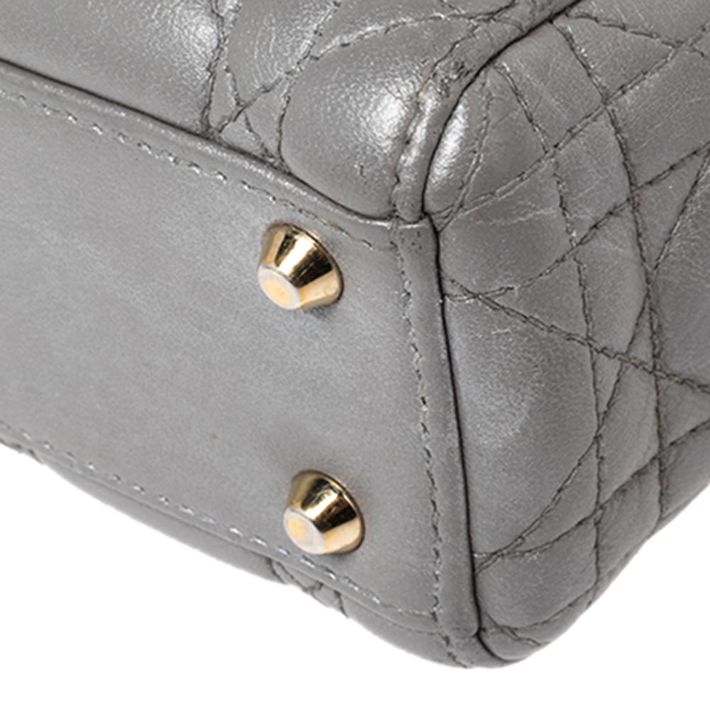Dior Metallic Grey Cannage Leather Mini Lady Dior Tote 2