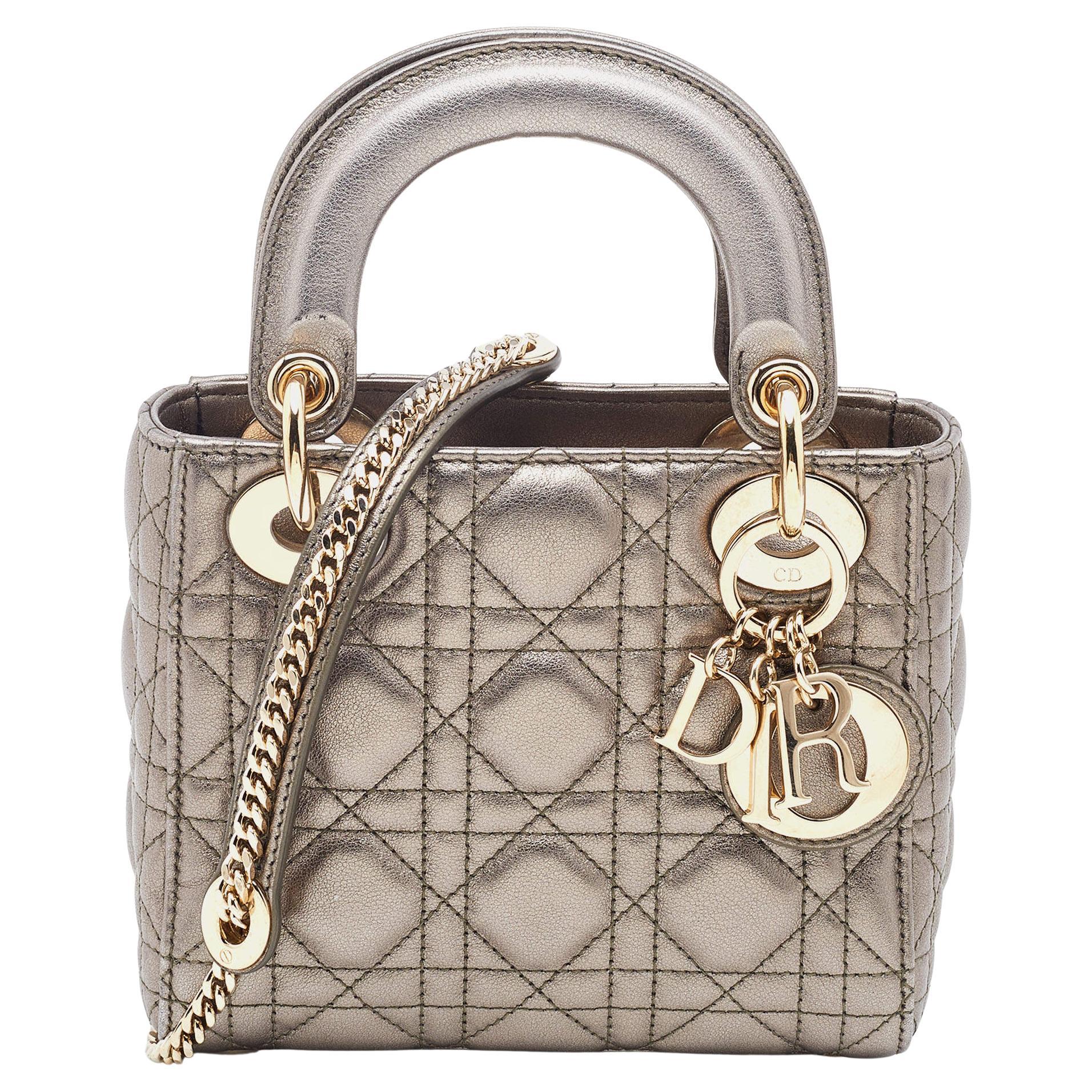 Dior Metallic Grey Cannage Leather Mini Lady Dior Tote