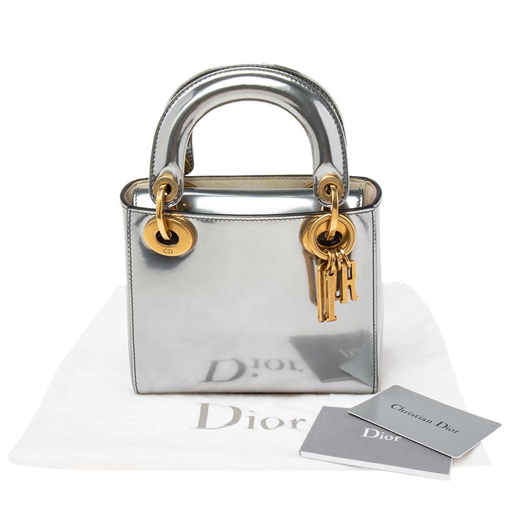 Dior Metallic Grey Glazed Leather Mini Lady Dior Chain Tote 4