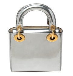 Dior Metallic Grey Glazed Leather Mini Lady Dior Chain Tote