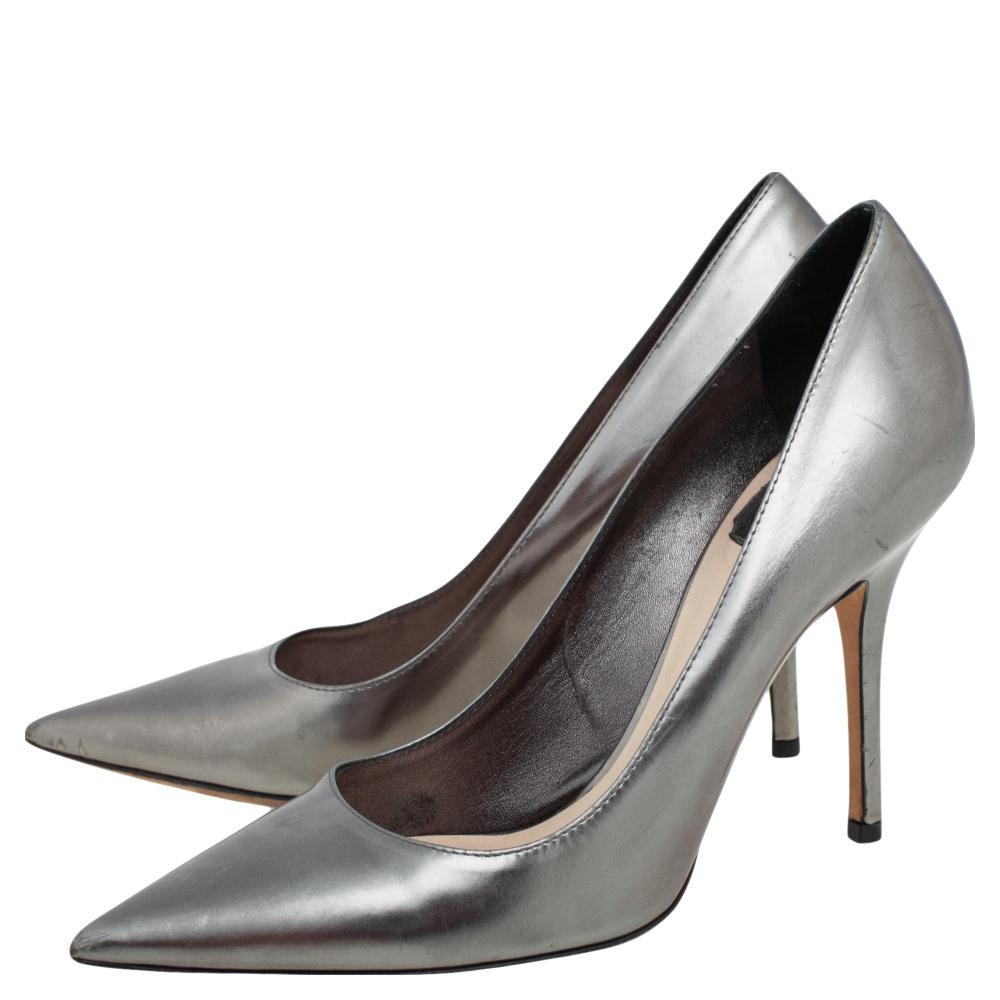 Dior Metallic Grey Leather Pointed Toe Pumps Size 37 In Good Condition In Dubai, Al Qouz 2