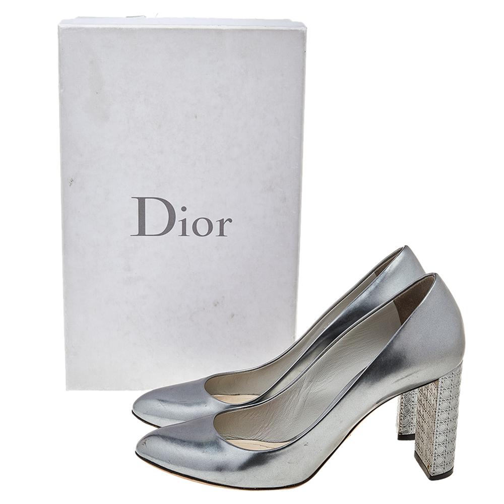 Women's Dior Metallic Grey Patent Leather Cannage Block Heel Pumps Size 37.5