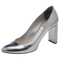 Dior Metallic Grey Patent Leather Cannage Block Heel Pumps Size 37.5