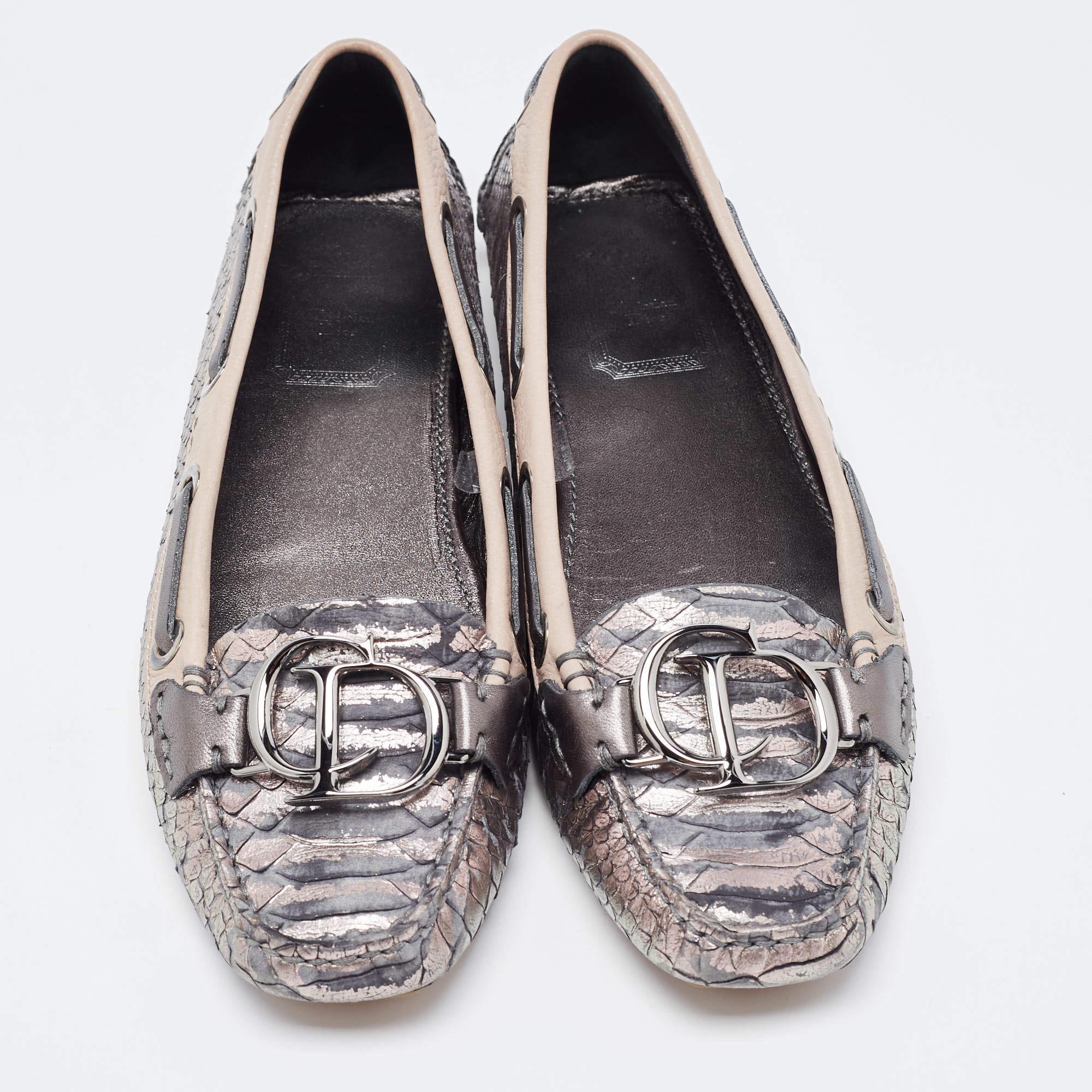 Gray Dior Metallic Grey/Pink Python Embossed Leather CD Slip Loafers 38.5