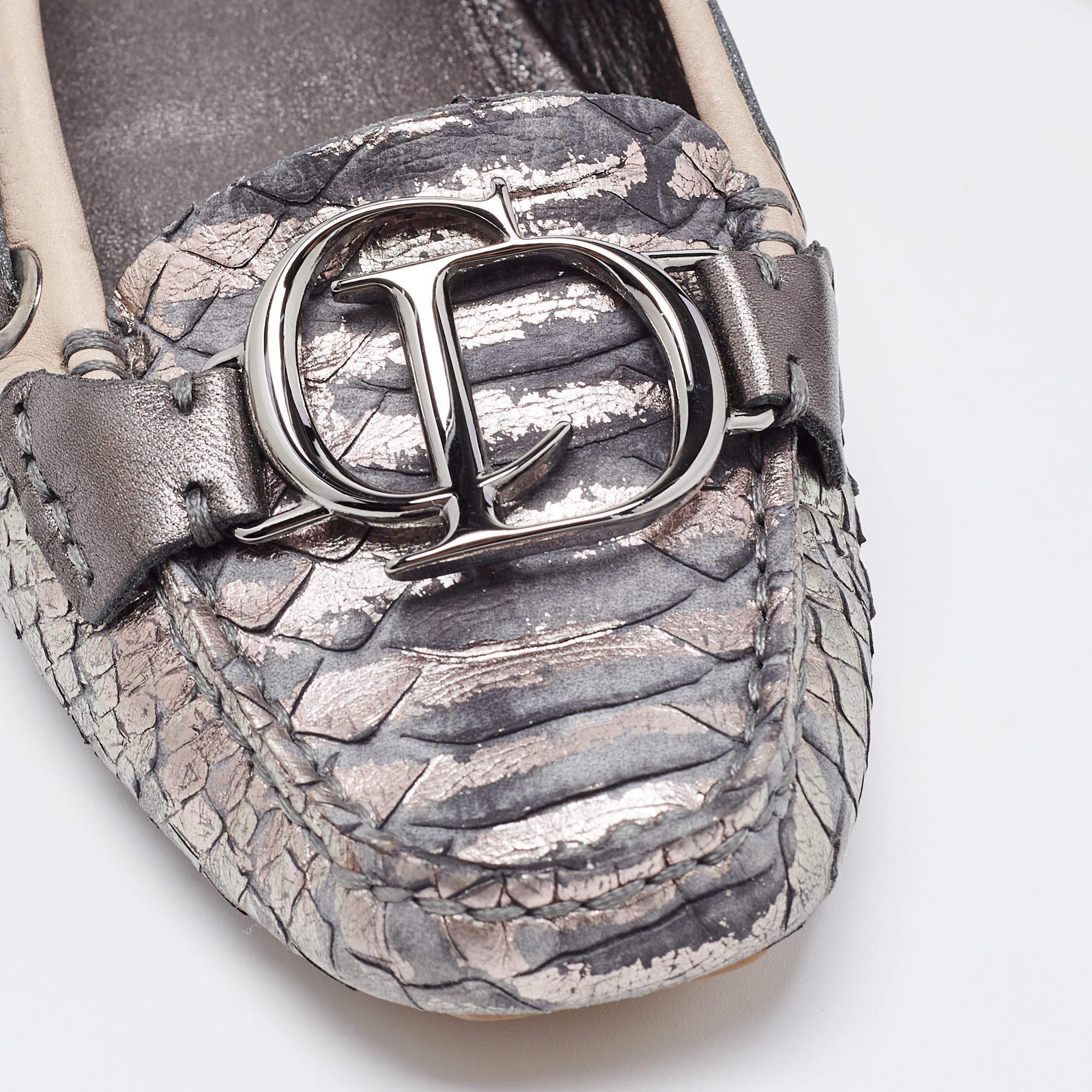 Women's Dior Metallic Grey/Pink Python Embossed Leather CD Slip Loafers 38.5
