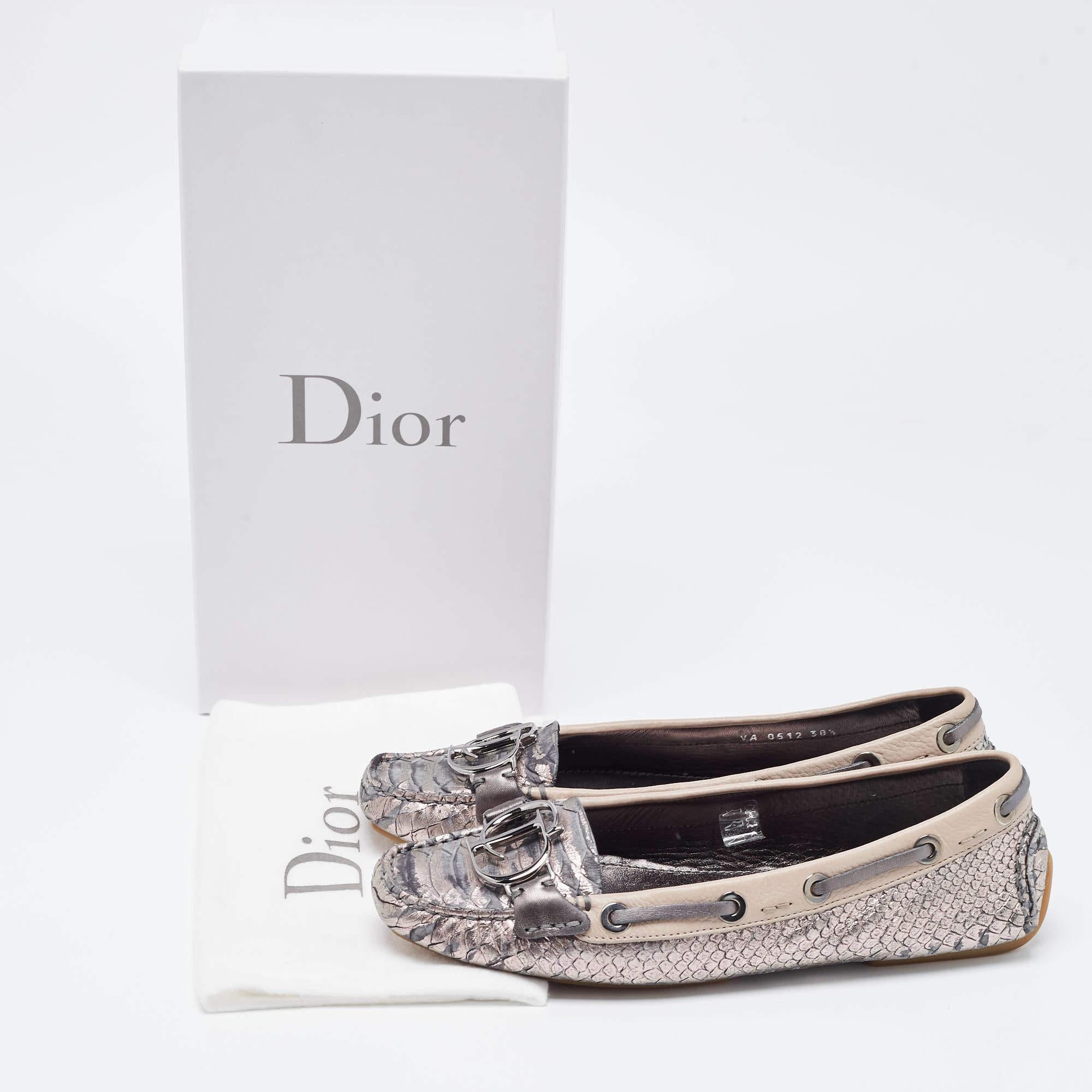 Dior Metallic Grey/Pink Python Embossed Leather CD Slip Loafers 38.5 3