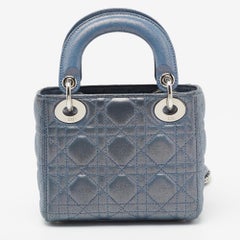 Dior Metallic Iridescent Blue Cannage Leather Mini Lady Dior Tote